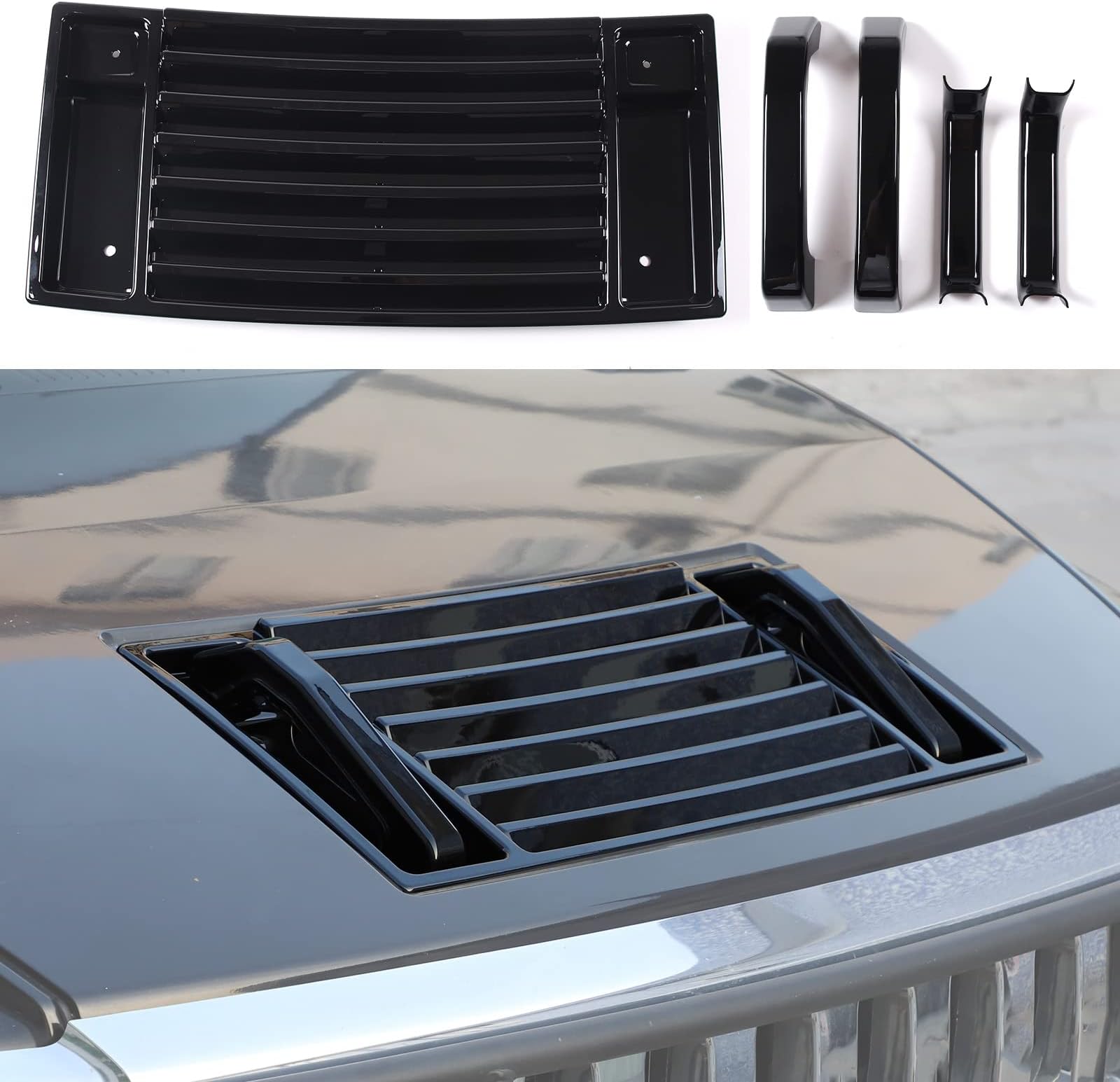 Lcojicep Hood Deck Vent Panel Covers Trim Moulding Compatible with Hummer 2003-2009 H2 Front Hood Vent Louver Cover, Front Hood Grille Trim (Hood Vent Panel & Handle Kit, Piano Black)
