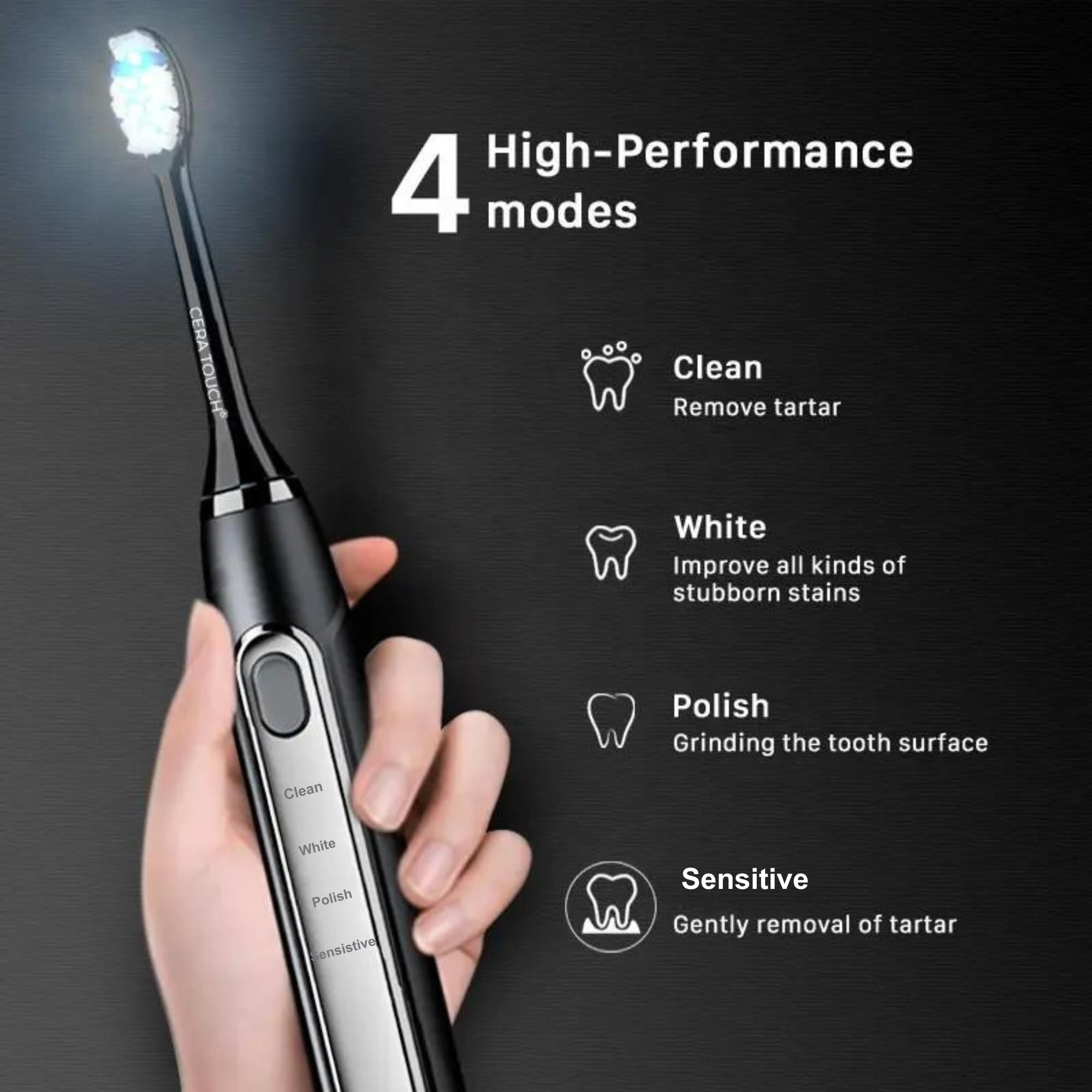CERA TOUCH Elektrische Zahnbürste mit 6 blauen LEDs, elektrische Zahnbürste für Erwachsene, 4 Modi mit Smart-Timer, Plaque-Entfernung und Memory-Funktion, 2 Köpfe, IPX7 wasserdicht, Reiseetui