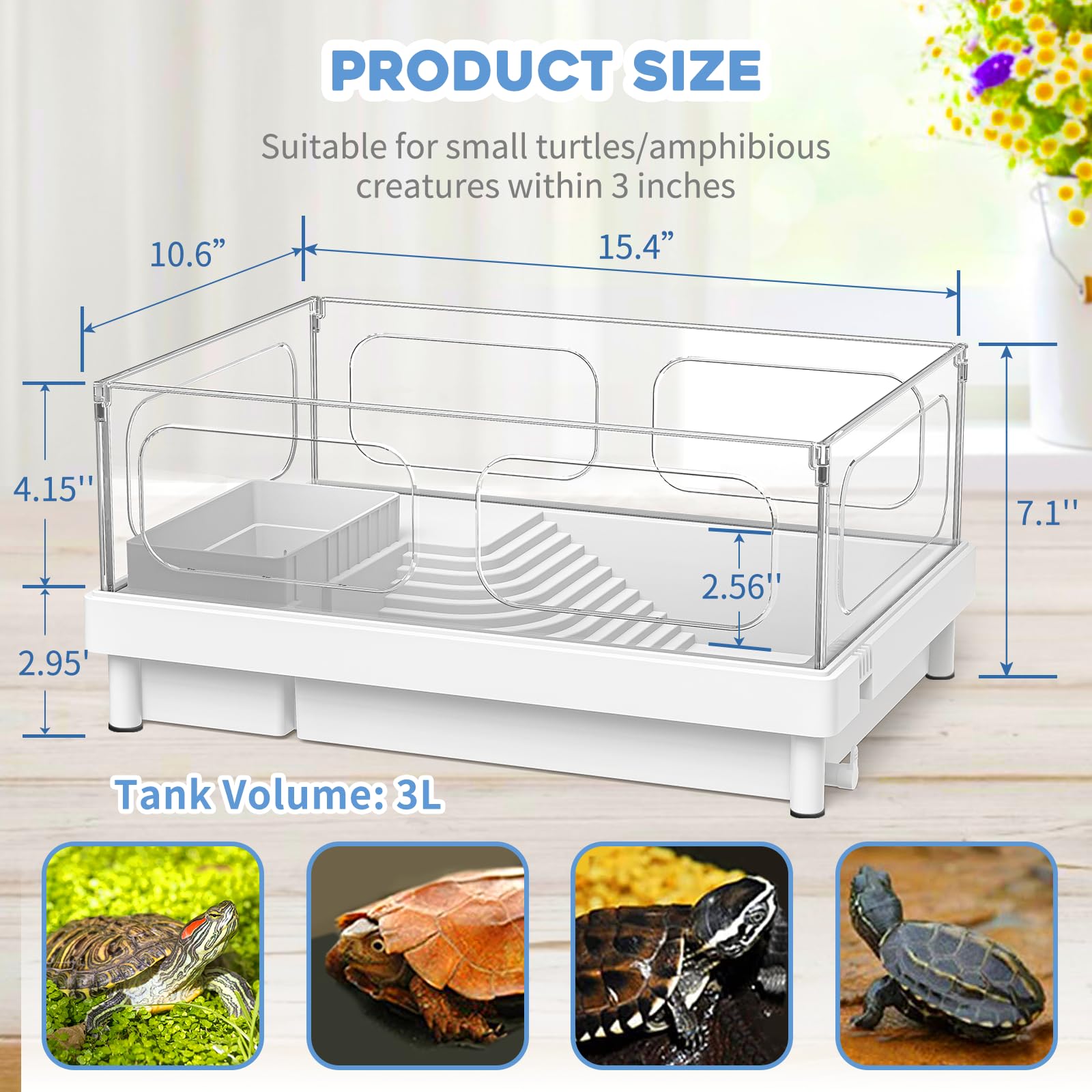 MoonOrange Tanque pequeño para tortugas, terrario acrílico para tortugas con plataforma para tomar el sol, drenaje inferior, áreas multifunción para tortugas, cangrejos, cangrejos, cangrejos de río