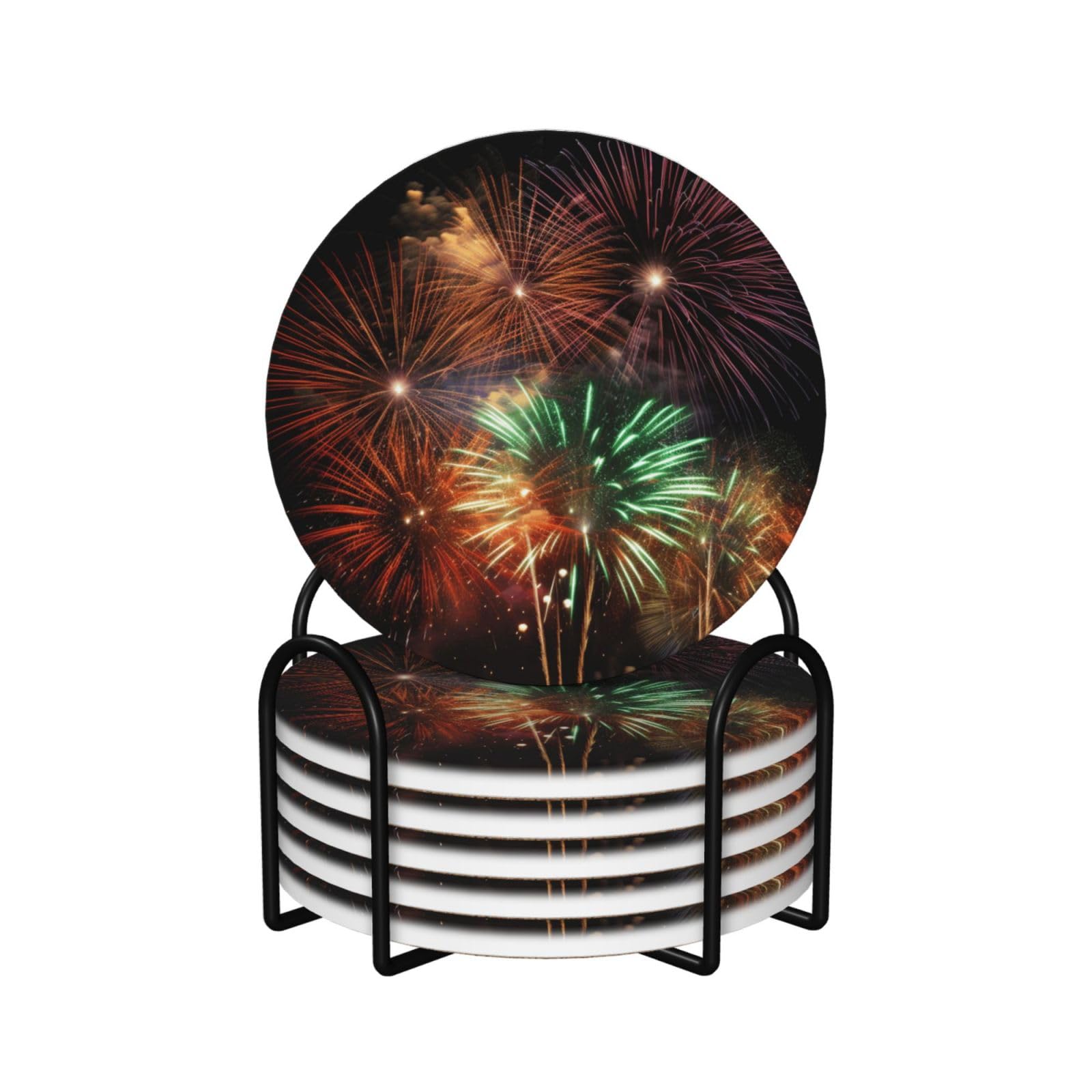 6Pcs Ceramics Coaster for Drinks, Splendid Fireworks Cup Coasters with Holder, Aesthetic Drink Coasters for Coffee Table, Absorbent Round Coaster for Tabletop Protection 4" Cup Mat Pad