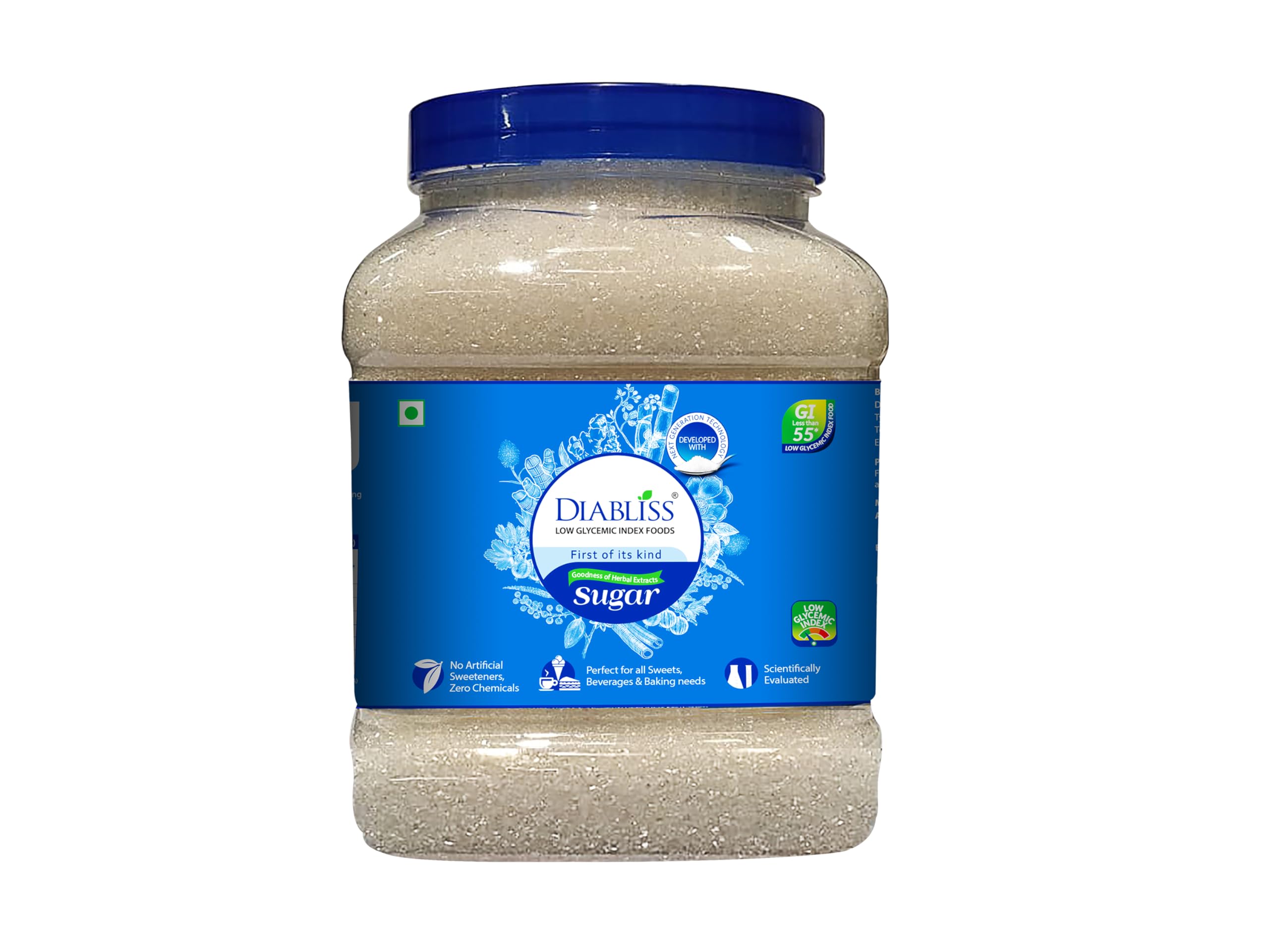 Diabliss Herbal Cane Sugar | Free from Chemicals & Artificial Sweeteners | Low Glycemic Index (GI) Sweetener | 1.75Kg Reusable Jar