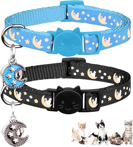 2 collares de gatos separables para niños y gatos, ajustables, con campana, color negro y azul claro