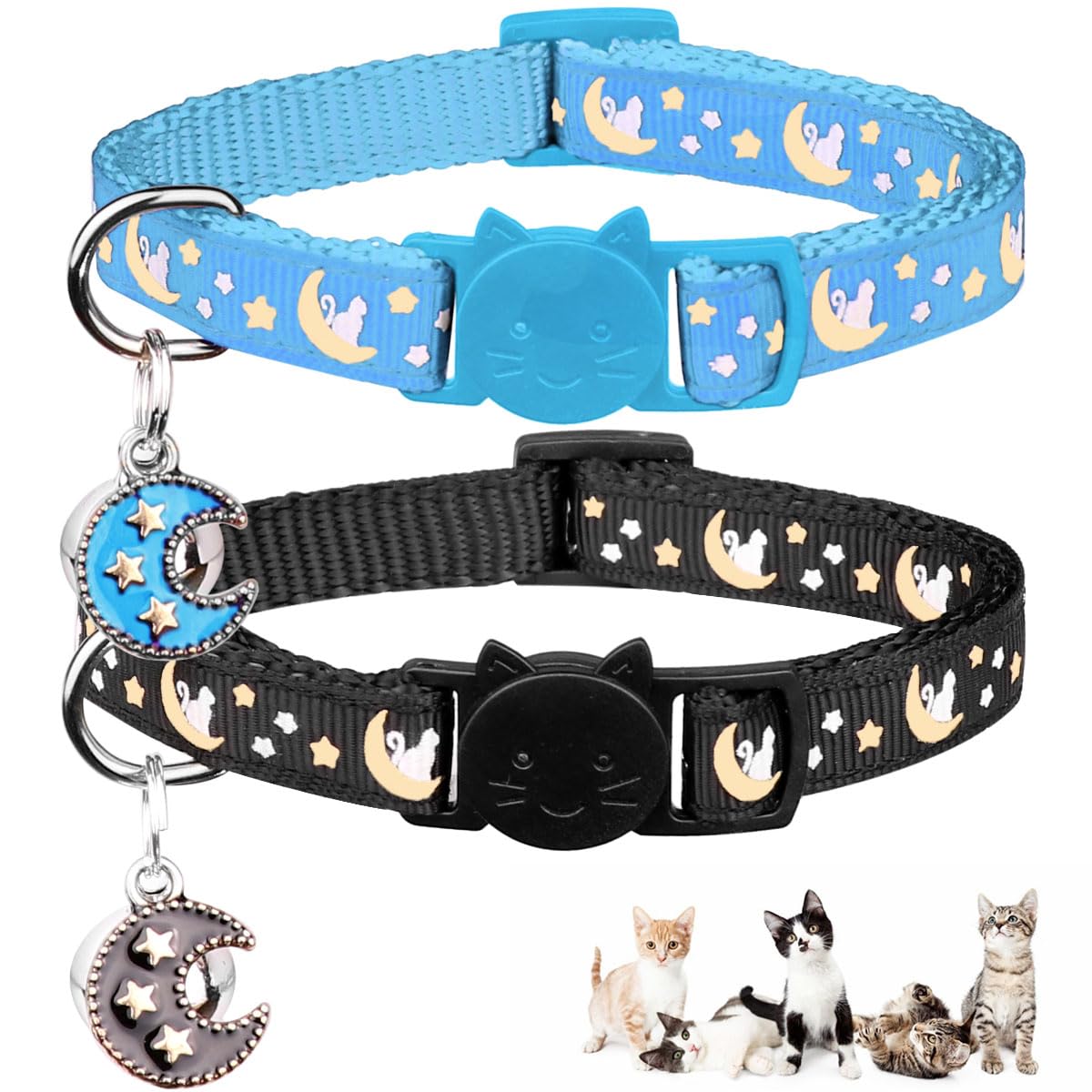 2Pcs Breakaway Cats Collars Cat Collars for Boy Cats Adjustable Kitten Collars with Bell,Black+Light Blue
