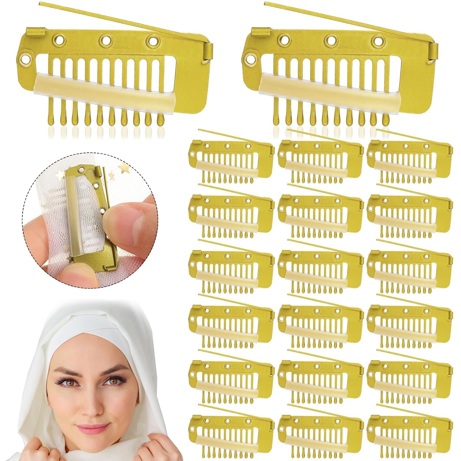 INHEAVEN 100 Pieces Chunni Clips with Safety Pins 10 Teeth Wig Clips Strong Dupatta Grip Clip Flat Dupatta Setting Clips Hair Extension Clips for Woman Hijab Veil Hair Extensions Hairpieces (Gold)