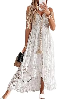 Women's Summer Dresses Boho Lace Spaghetti Straps Flowy Sun Dress Hollow Out Irregular Fringe Beach Long Dresses