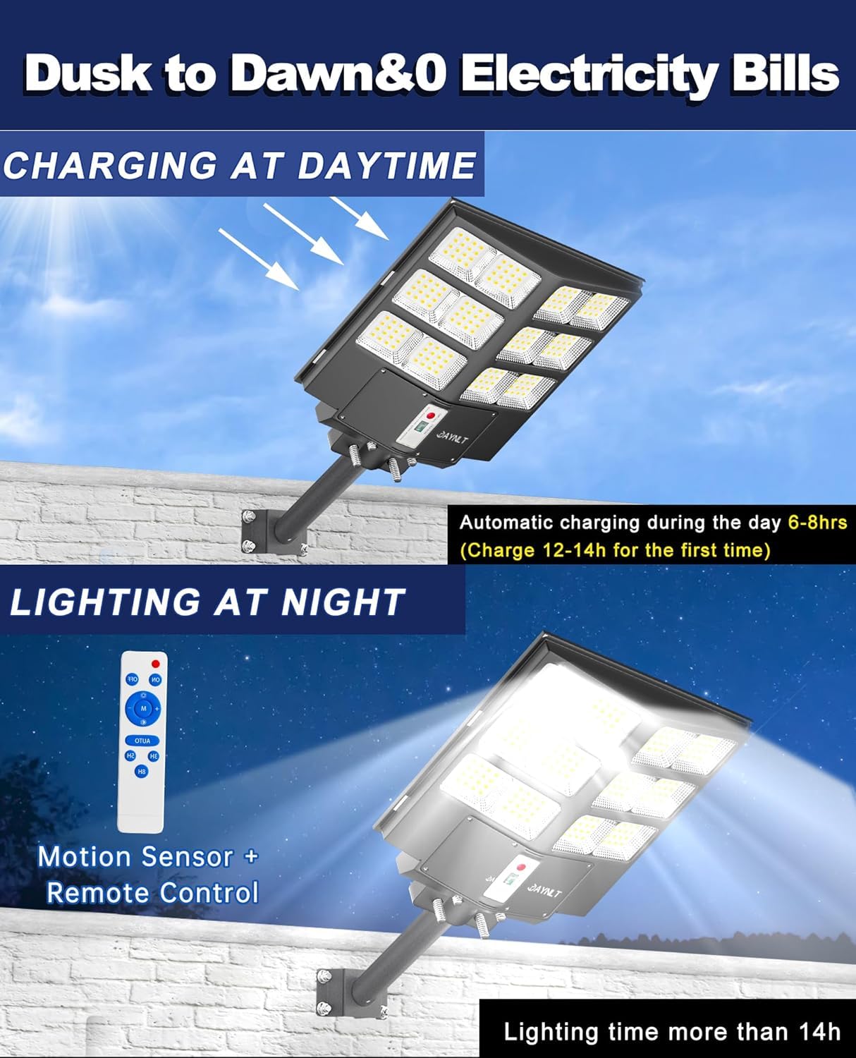 JAYNLT 1000W Lampione Solare Led Esterno, 6500K Faro Stradale con Pannello Solari, IP67 Impermeabile Luci Solari di Sicurezza, Lampioni Stradale con Sensore Movimento per Sentieri, Vialetti, Giardino