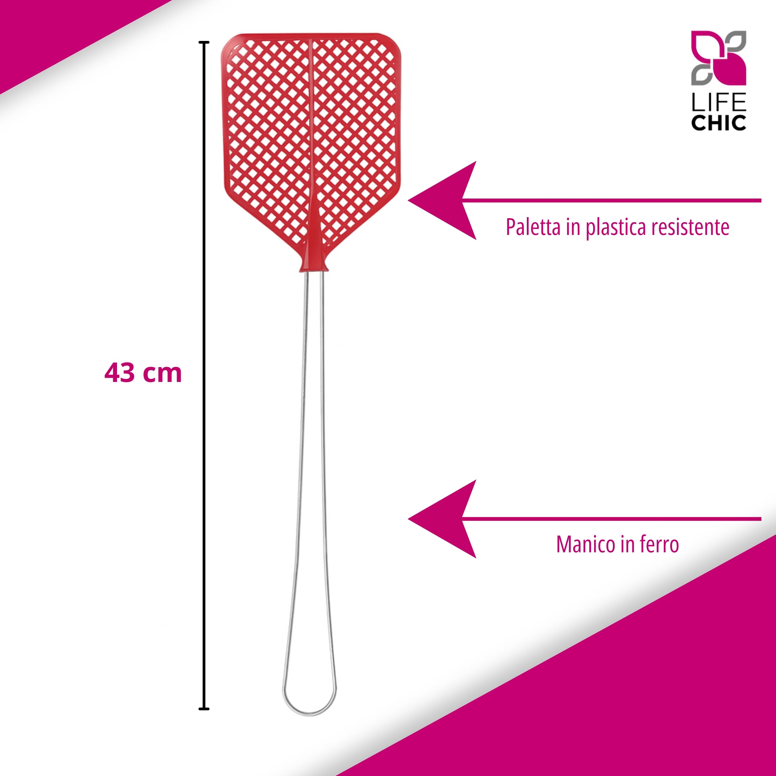 Battimosche Manuale 43 cm – Manico in Ferro, Paletta Flessibile in Plastica Rossa – Scacciamosche per Interni ed Esterni – Contro Mosche, Zanzare e Insetti Volanti - Confezione da 2 pezzi