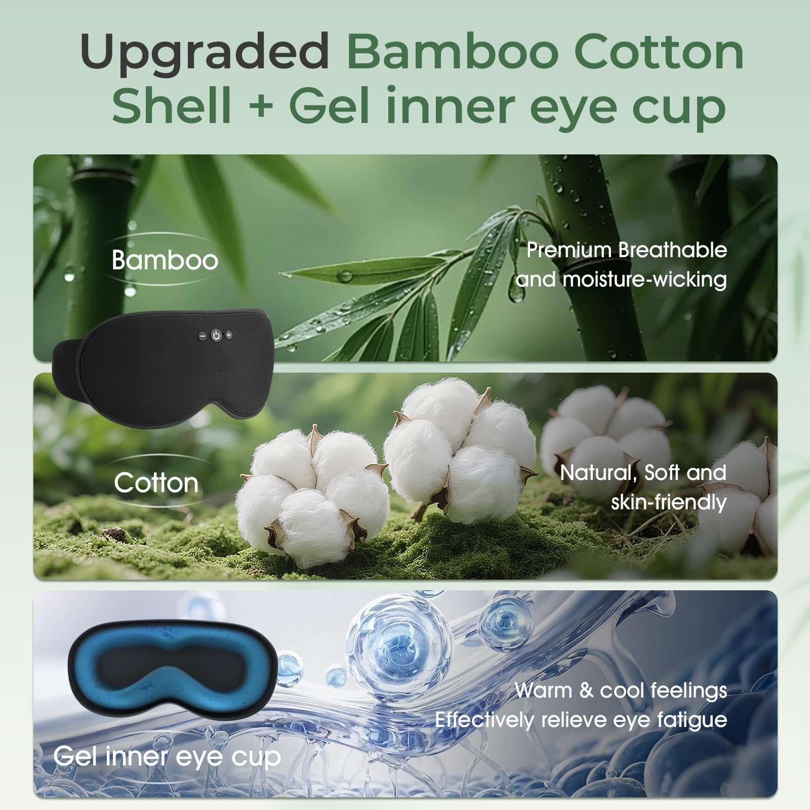 MUSICOZY Máscara para dormir de algodón de bambú, máscara de ojos con peso 3D, 100% opaca, Bluetooth 5.4, máscara de dormir cero presión ocular, máscara de ojos cálida y refrescante, auriculares para
