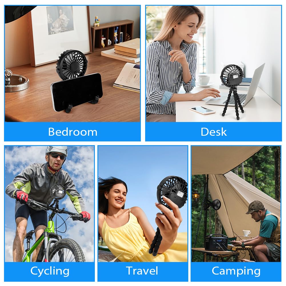 Vicloon Mini Ventilateur Portable pour Poussette, Petit Ventilateur à Pince Rechargeable 500mAh, Trépied Flexible à 3 Vitesses, Veilleuse LED, Ventilateur de Bureau Portable pour Siège Auto, Berceau