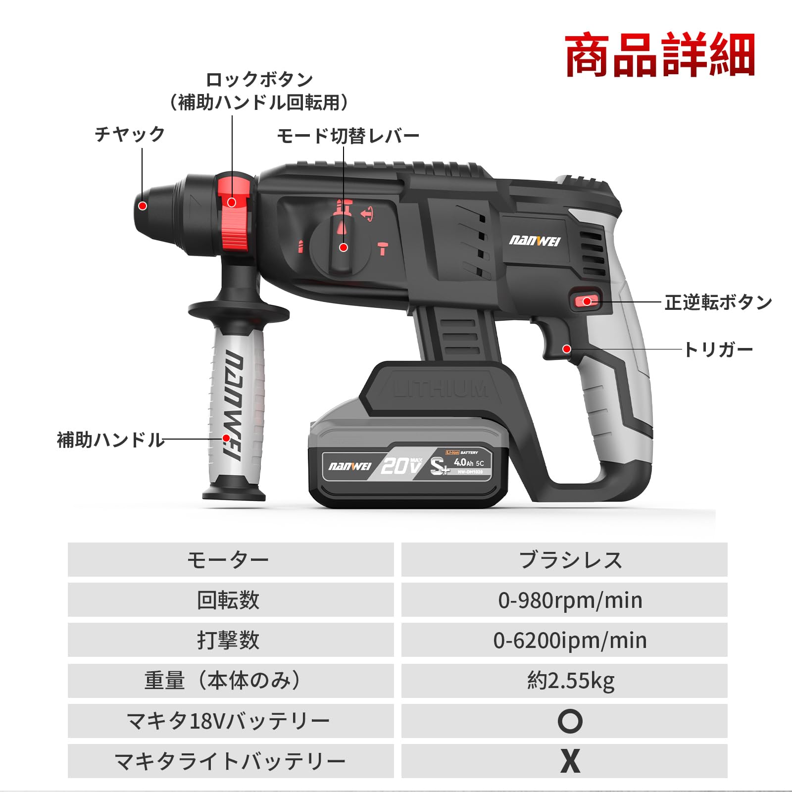 Amazon | NANWEI 充電式ハンマードリル マキタ18Vバッテリー対応