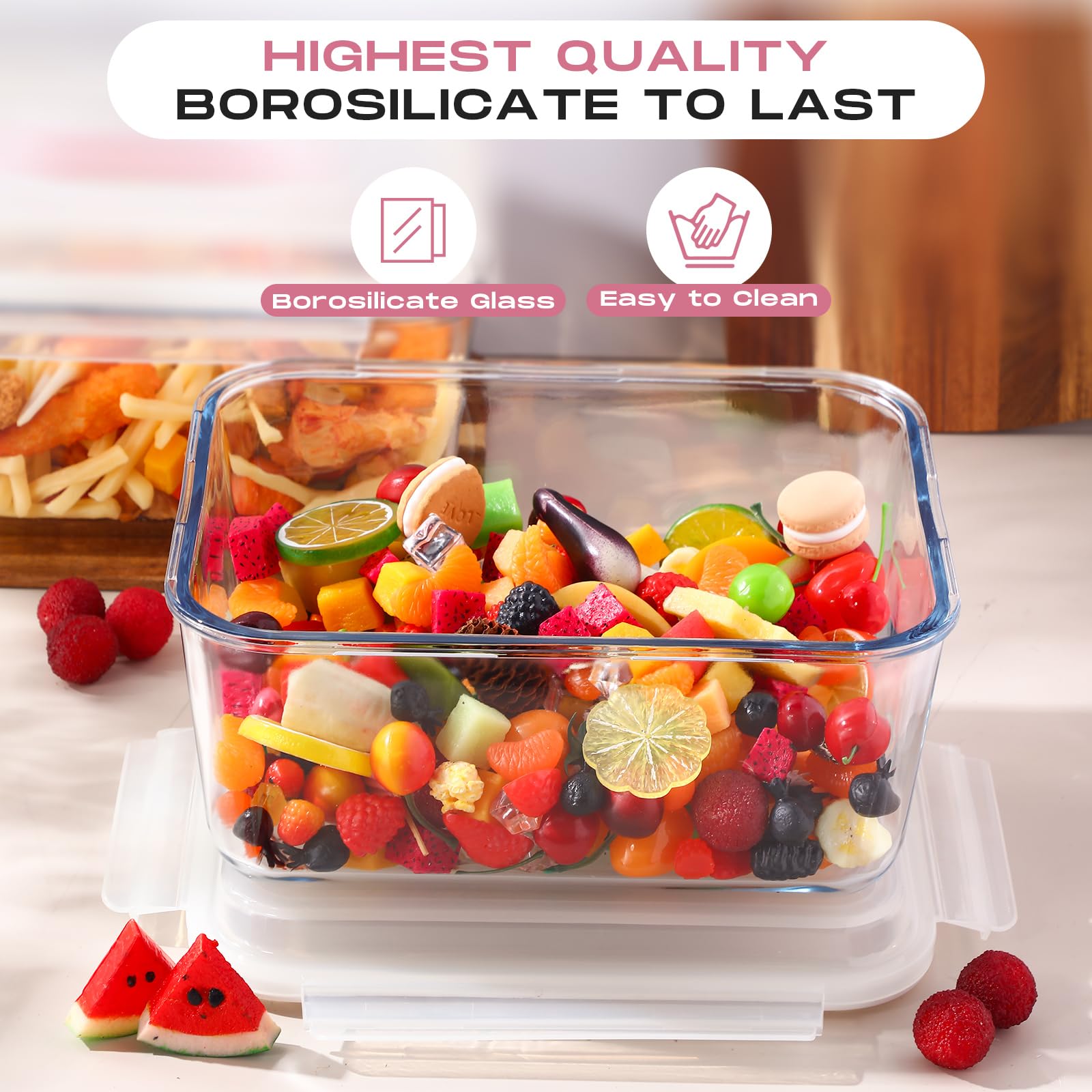 Blushtier 2 recipientes grandes de vidrio para almacenamiento de alimentos con tapa de bloqueo hermético, ideal para almacenar alimentos, verduras, frutas, hornear, lasaña, pavo, transparente