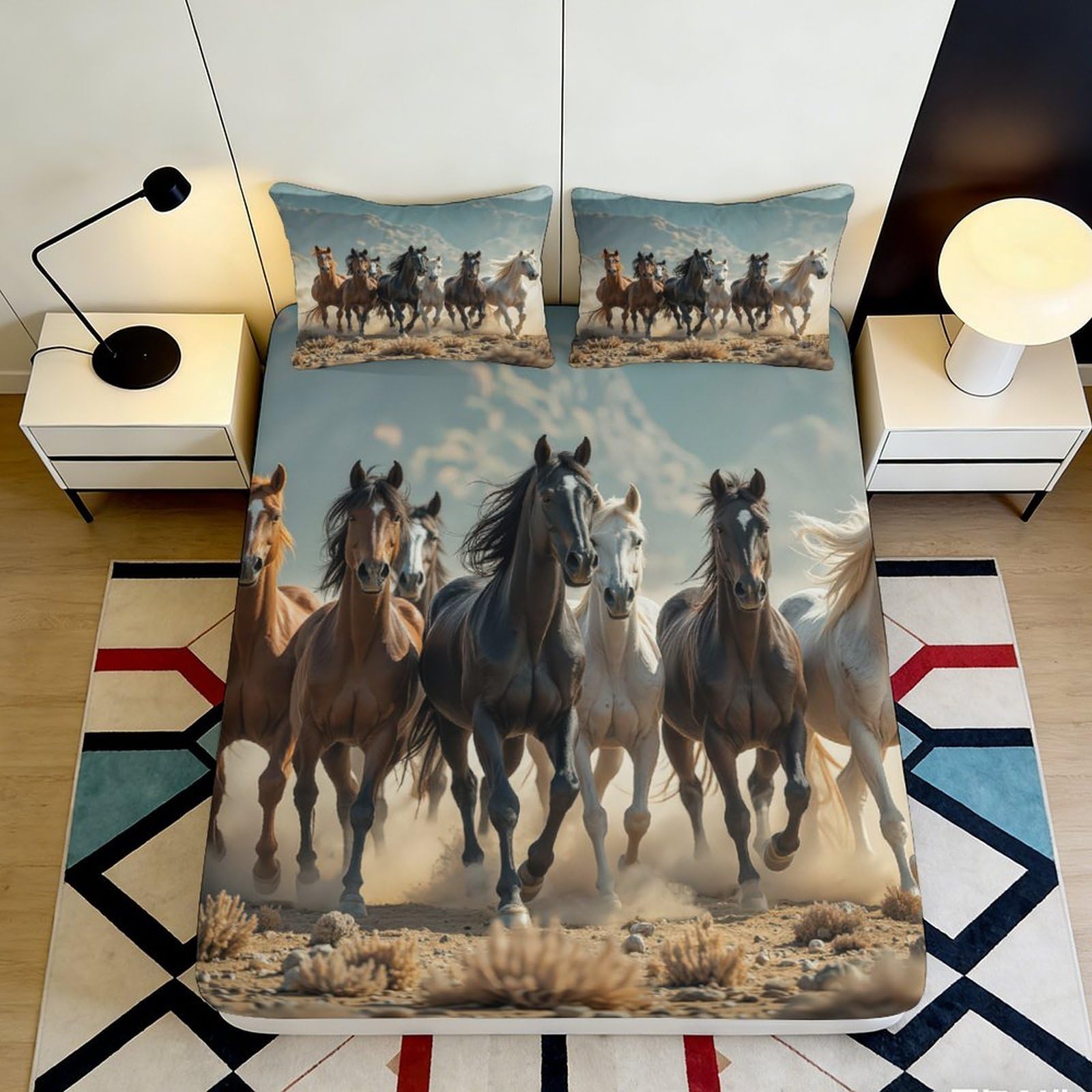 3D Printed Wild Horse Fitted Sheet Microfiber Soft Stable Herd Bed Cover for Bedroom Guest Room Decor Mattress Protection 90x200x25cm
