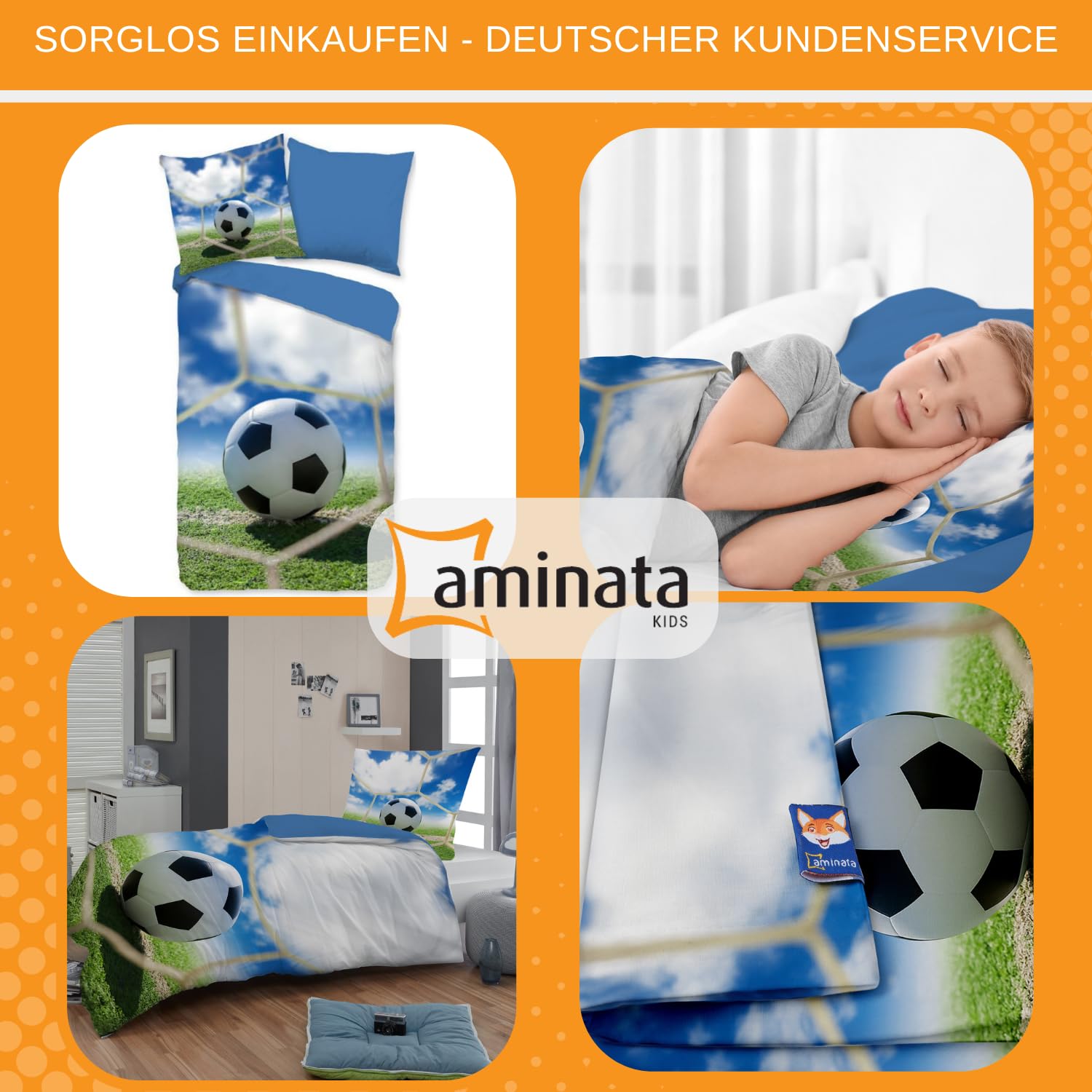 Aminata kids Jungen Bettwäsche 135x200 Fußball - 100% Baumwolle mit Marken Reißverschluss - Bettwäsche-Set mit Fußball-Motiv | Wende-Teenager-Bettwäsche Blau