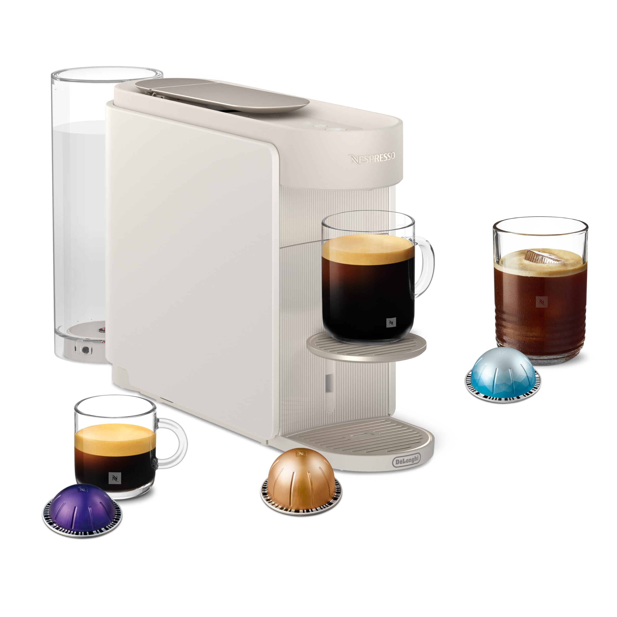 Nespresso De'Longhi Vertuo Up – Cafetera de Cápsulas con 7 Tamaños de Taza, Tecnología Centrifusion, Calentamiento Rápido, Depósito 1,4 L, Modo Creaciones, Diseño Compacto, Blanca (ENV200.W)