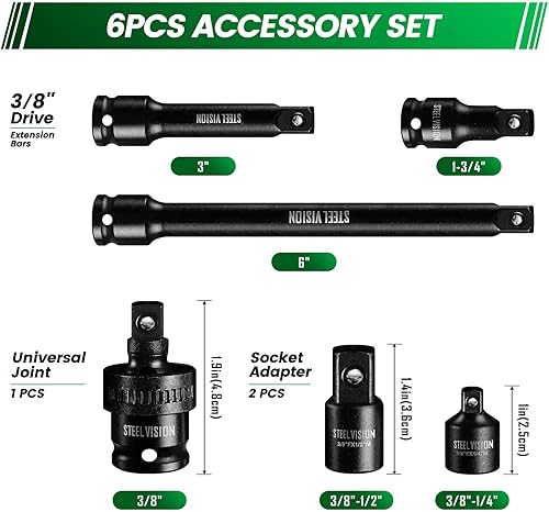 Miniatura 2 de Juego de extensión de enchufe de impacto de 38 pulgadas y adaptador de enchufe, juego de 6 piezas reductores, barras de extensión de 1.75 pulgadas,