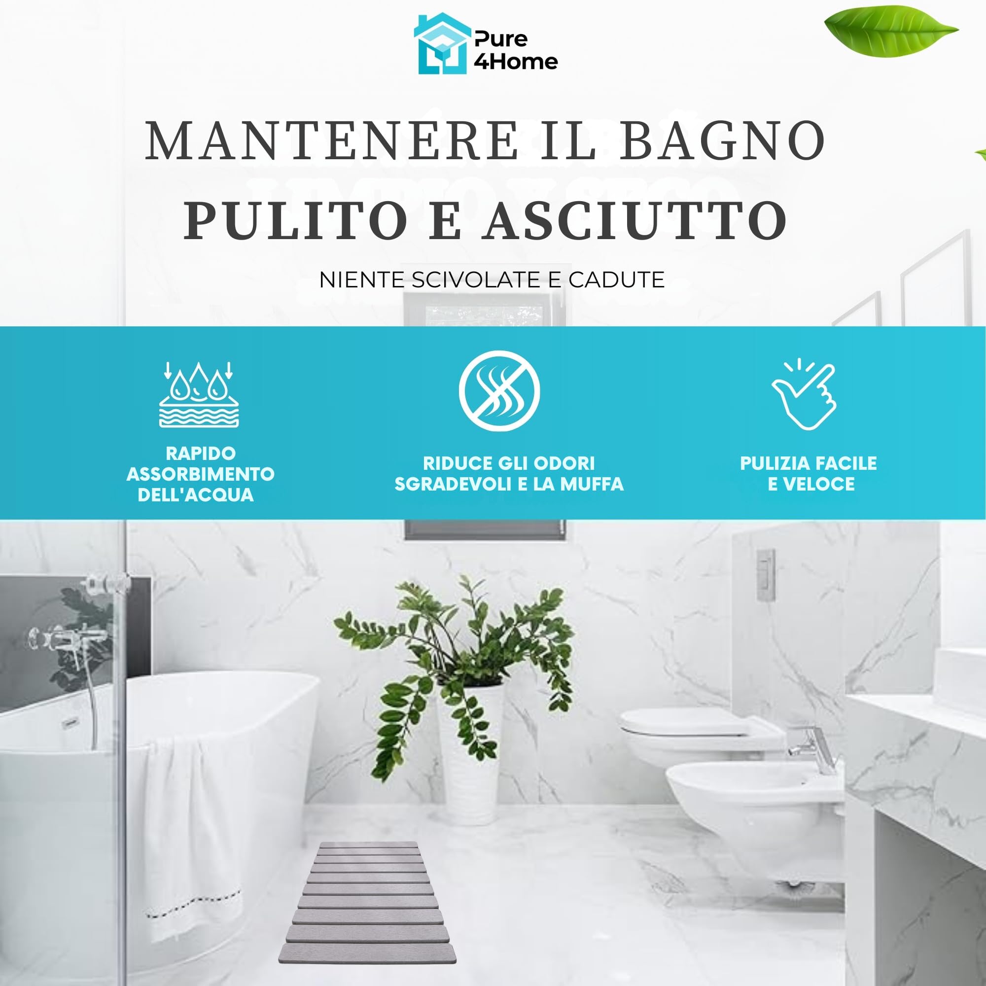 Pure 4Home Tappeto Bagno Diatomite Pieghevole 60x39cm | Pietra Assorbente con Rete Antiscivolo per Doccia o Cucina | Asciugatura Rapida e Sicura | Tappeto in Pietra Naturale (Grigio)
