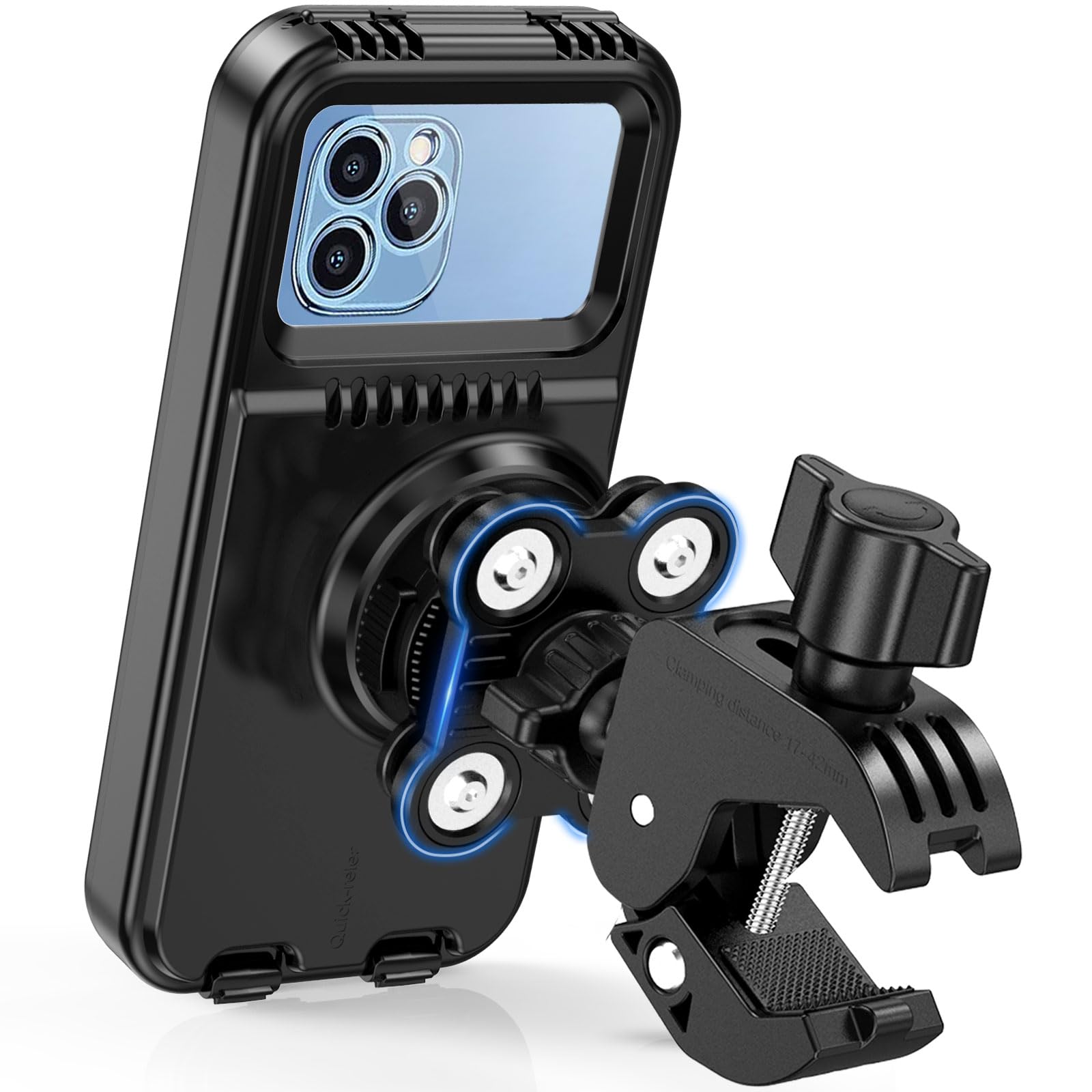Support Téléphone Moto Scooter Antivibration Étanche IPX5 Porte Telephone Velo Moto Universel Rotation 360° Support de Téléphone pour Guidon 17-42mm, pour iPhone Huawei 4,0-7,0" Smartphones