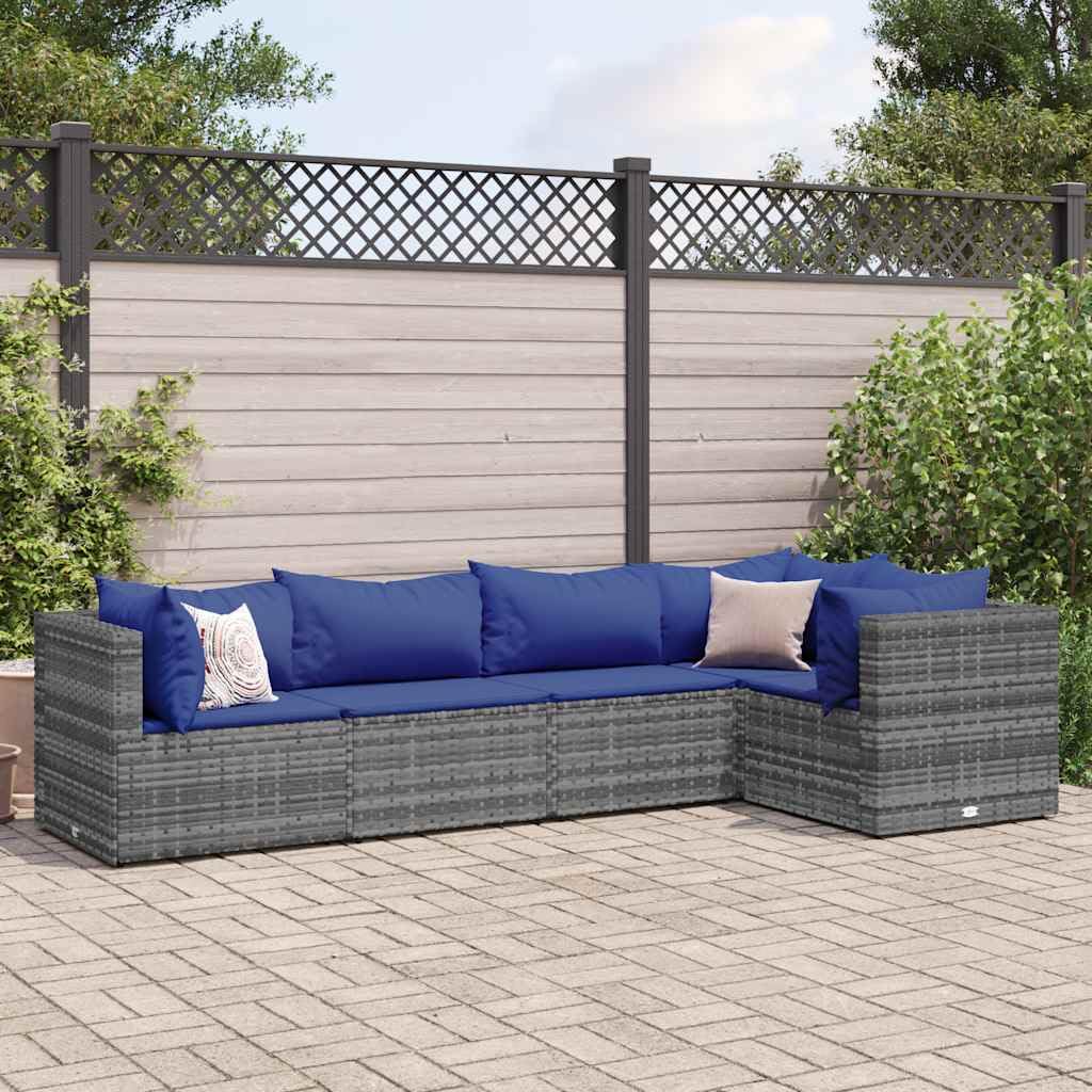 5 Piece Grey Patio Lounge Set with Weather-Resistant Cushions and Modular Design for Outdoor Seating, Durable Poly Rattan Furniture and Powder-Coated Steel Frame for Garden,