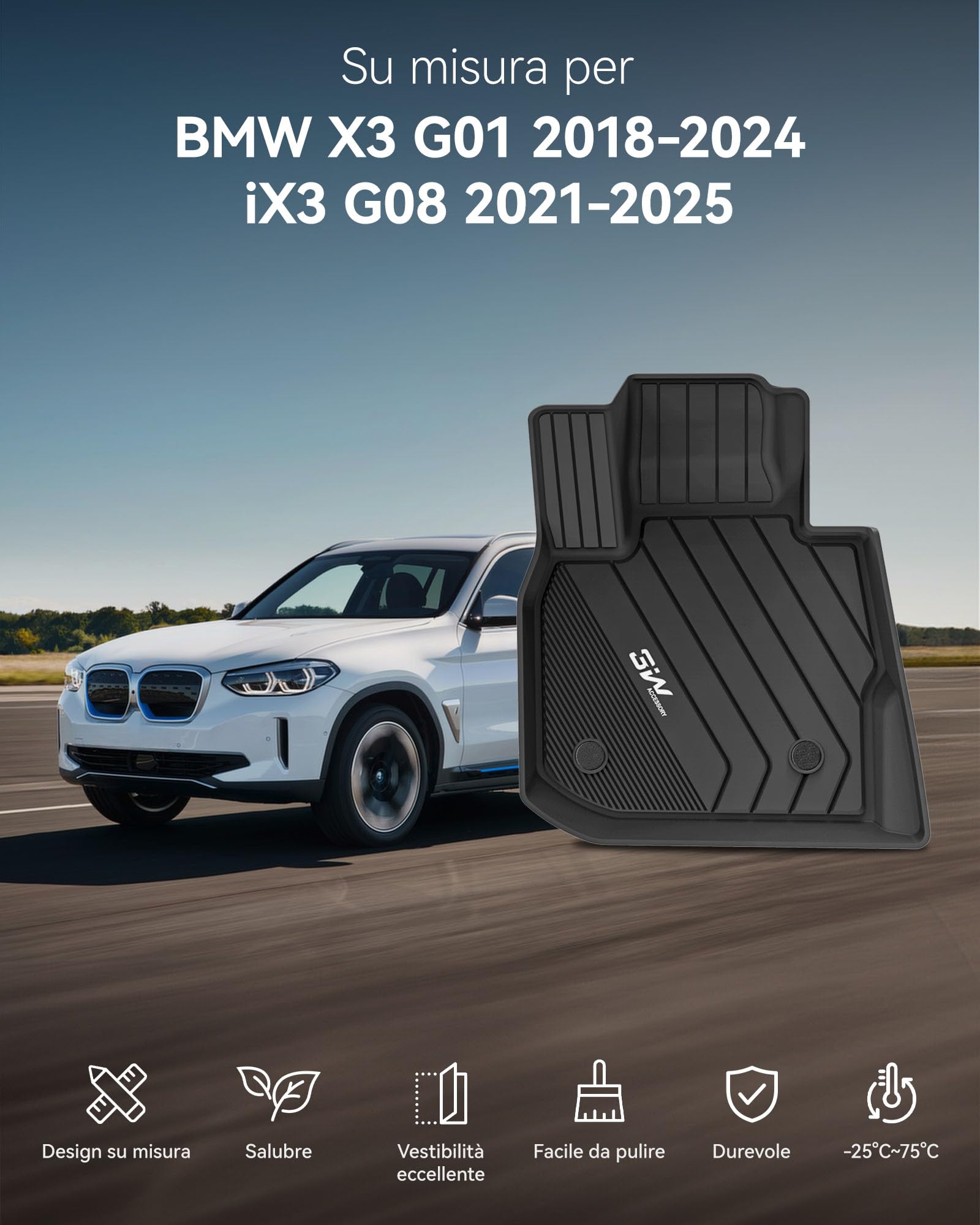 3W Set 4 di Tappetini per BMW X3 G01 2018-2024/iX3 G08 2021-2025 in Thorex™ e Tappetino per Bagagliaio su Misura, Facile da Pulire Tappeti per Auto Resistente e Tappeto Bagagliaio Antiscivolo