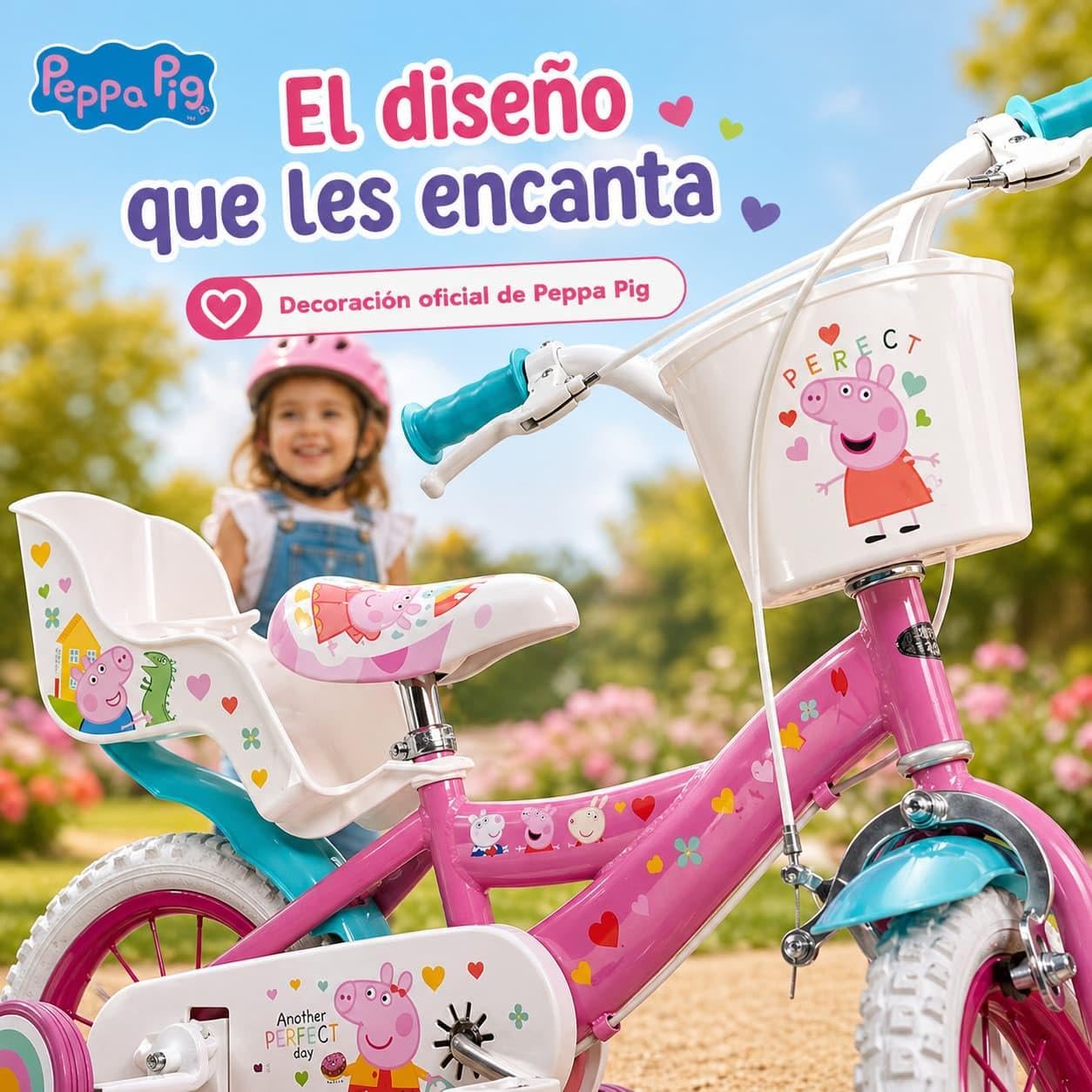 Kinderfahrrad Peppa Pig 12 Zoll mit Stützrädern Korb Puppensitz 3-5 Jahre