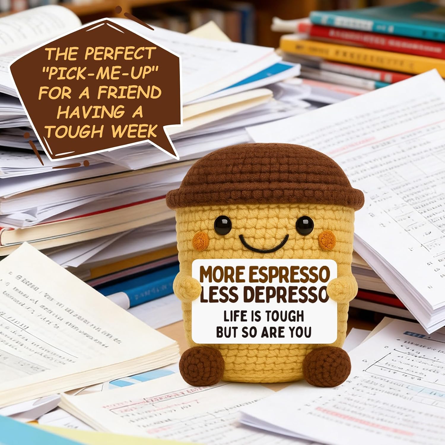 Funny Coffee Lover Gifts for Women Men - Encouragement Gifts for Coworker Friend - Handmade Crochet Coffee - Unique Inspirational Desk Decor & Thinking of You Gift