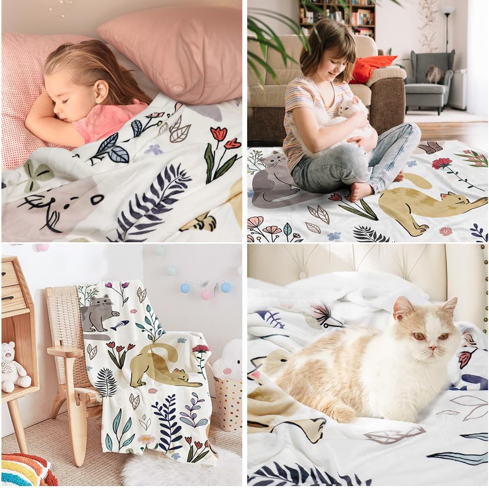 Cat Throw Blanket Floral Flower Blankets Gift for Cat Lover Throw Blanket Cats Themed Flannel Cozy Fuzzy Plush Blankets for Bed Chair Couch 50" X 60" - Image 8