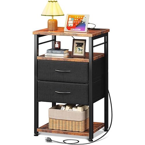 AODK Night Stand with Charging Station, End Table for Bedroom Tall Nightstand with Drawers, Small Nightstand for Bedroom, 4-Tier Storage Bedside Table, Vintage and Black