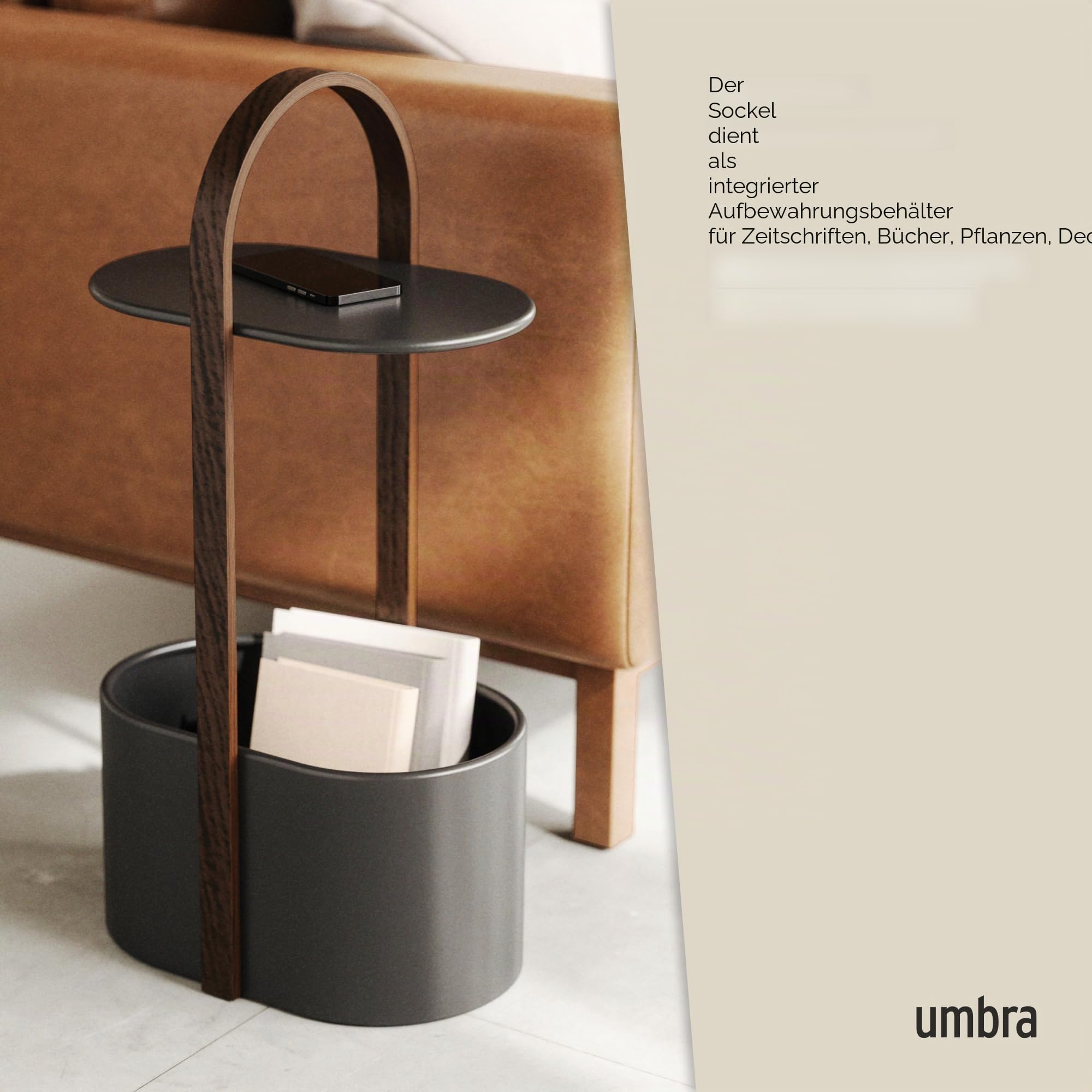 Umbra Bellwood Beistelltisch – mit Stauraum, Ablagefläche und Kabelmanagement, Stahl/Bugholz, Schwarz/Walnuss