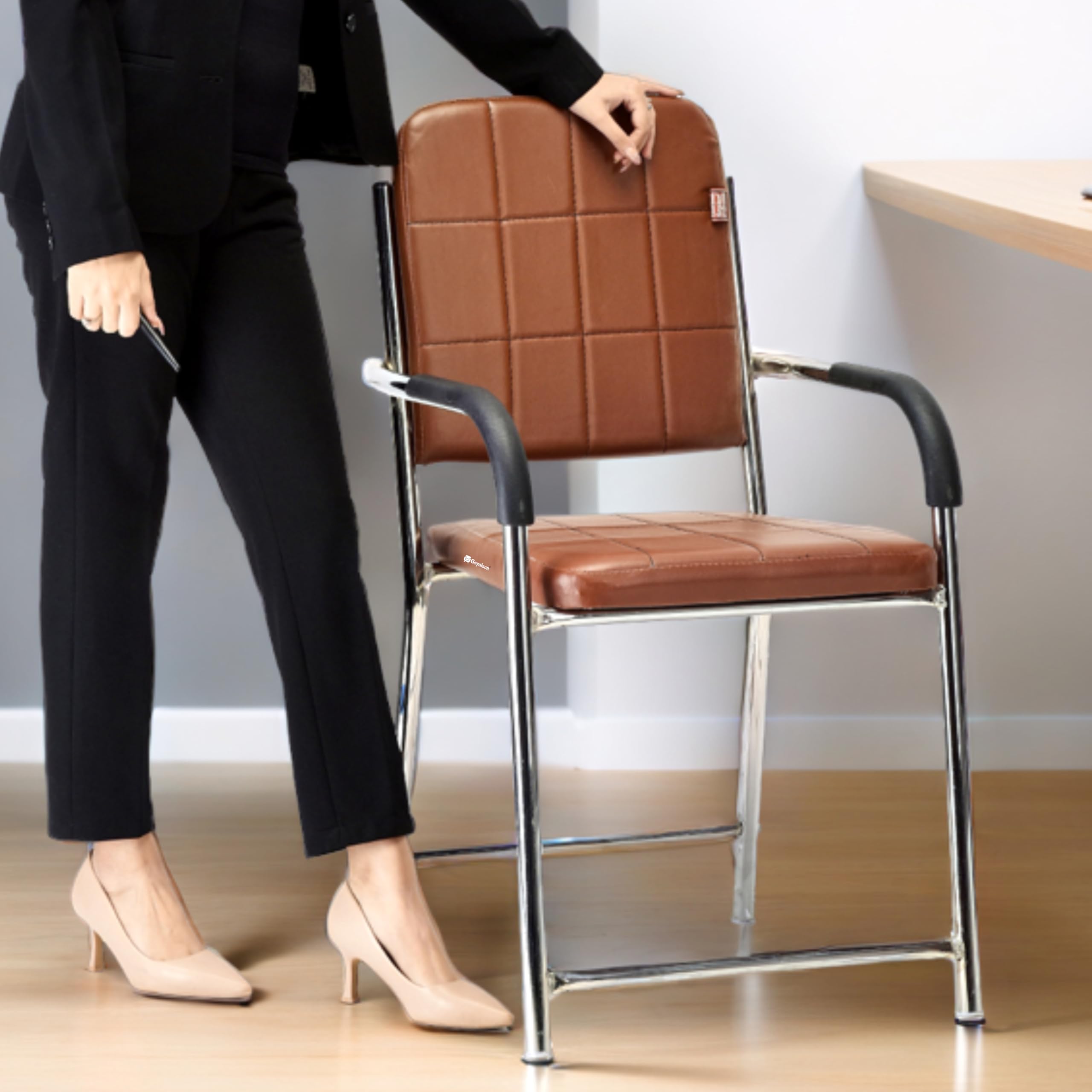 RATISON Office Chair Visitor Chair with arm Rest with Steel Frame and Cushioned seat Back, Chair Without Wheels Holds up to 110 kg Heavy Design (1, Brownn, Standard)