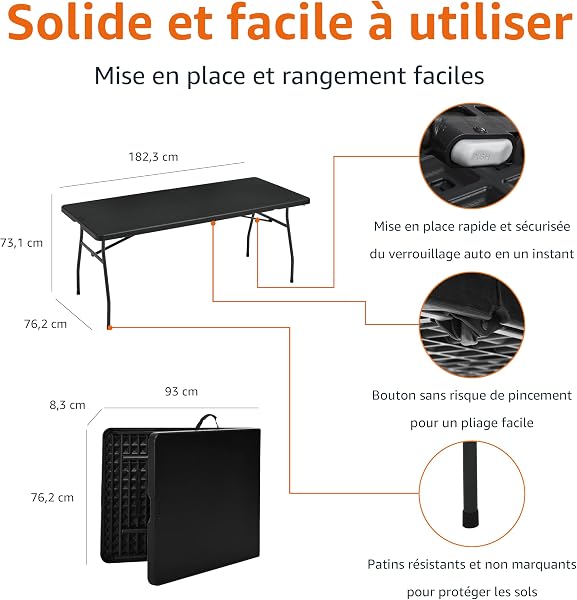 Amazon Basics Table pliante rectangulaire de 1,8 m avec poignée de transport, pour intérieur et extérieur, portable, légère, table de voyage, pique-nique, camping, noir, 182 x 75 x 73 cm - 2