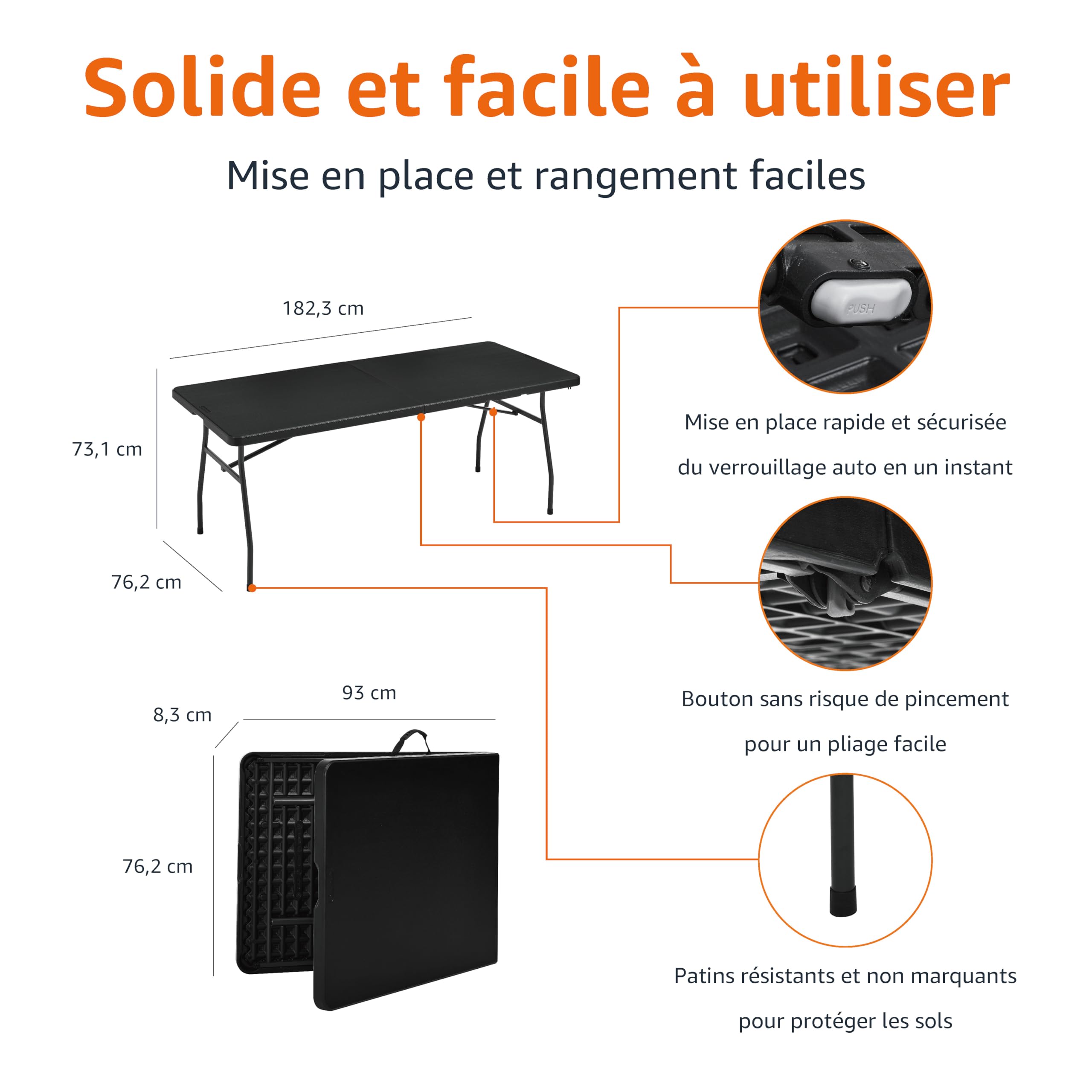Amazon Basics Table pliante rectangulaire de 1,8 m avec poignée de transport, pour intérieur et extérieur, portable, légère, table de voyage, pique-nique, camping, noir, 182 x 75 x 73 cm