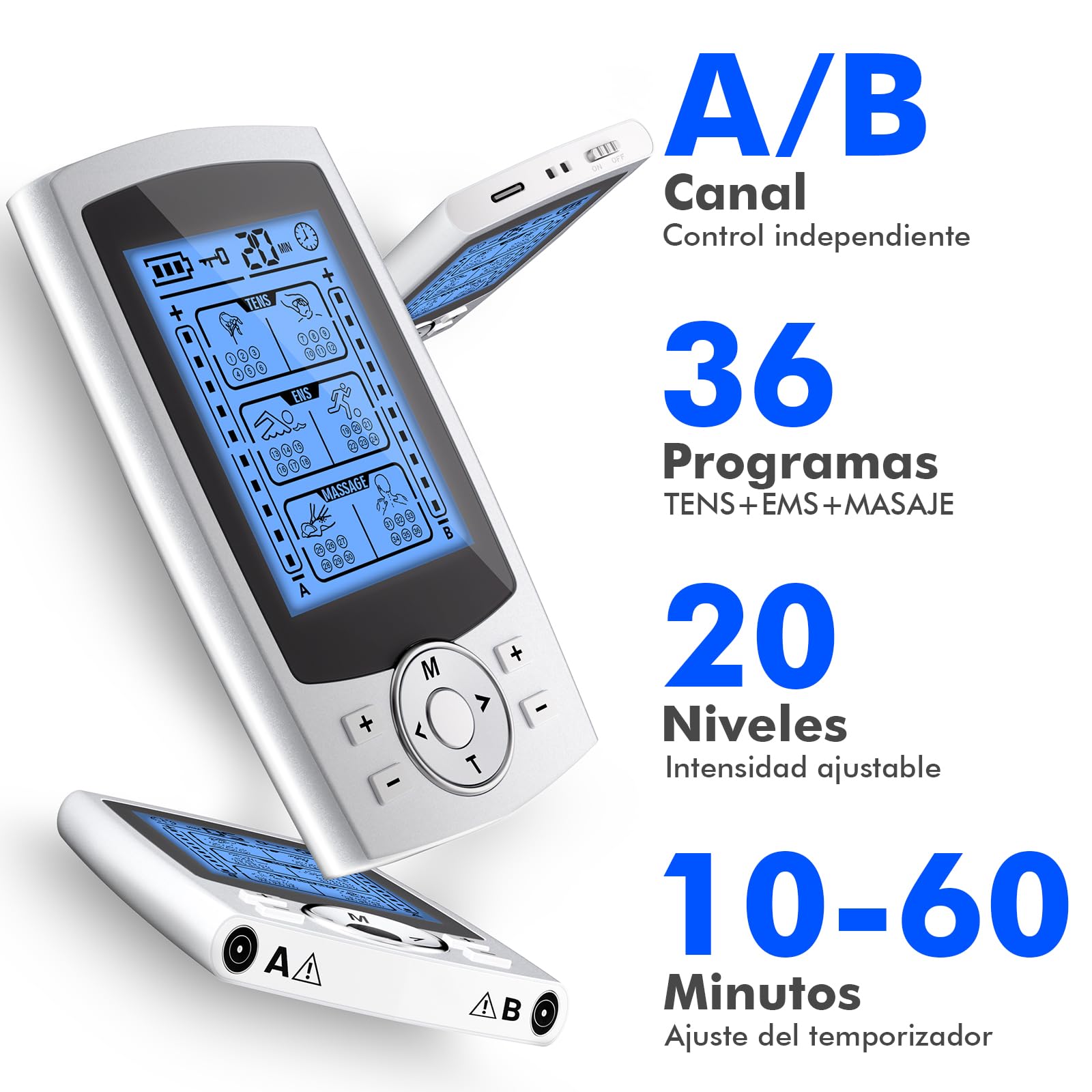 Electroestimulador Muscular TENS EMS Masaje 3 en 1, Electrodos para TENS, con 24 Programas 2 Canales 10 Piezas de Electrodos TENS, 20 Niveles de Intensidad para Muscular Relajación