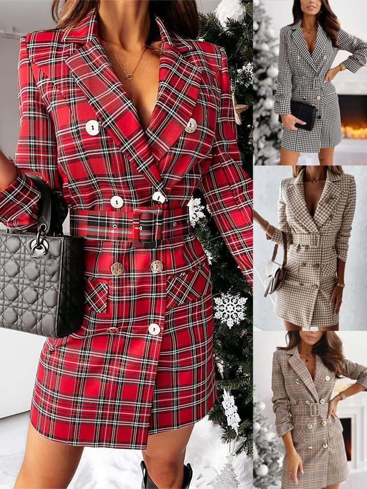 Generisch Blazer - Vestido de mujer de invierno, a cuadros, manga larga, elegante, cruzado, con cinturón, corte ajustado, cuello de pico, minivestido blazer a cuadros para mujer