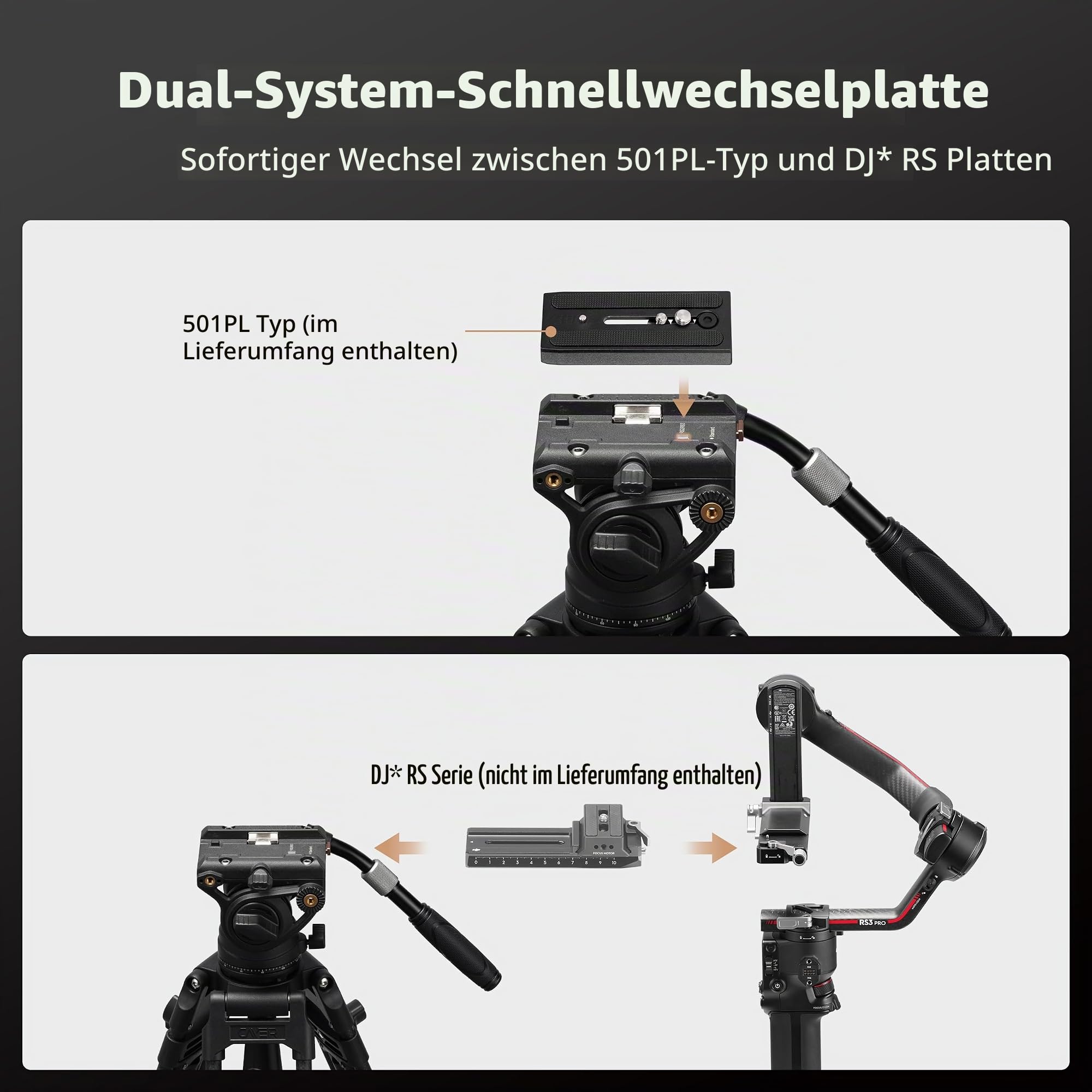 Cayer Video Stativ Fluid Kopf mit Schnellwechselplatte, Teleskopgriff & skalierte Basis für spiegellose, Video-Kameras und DSLRs, kompatibel mit Gimbal Platte für DJI RS Serie, K6