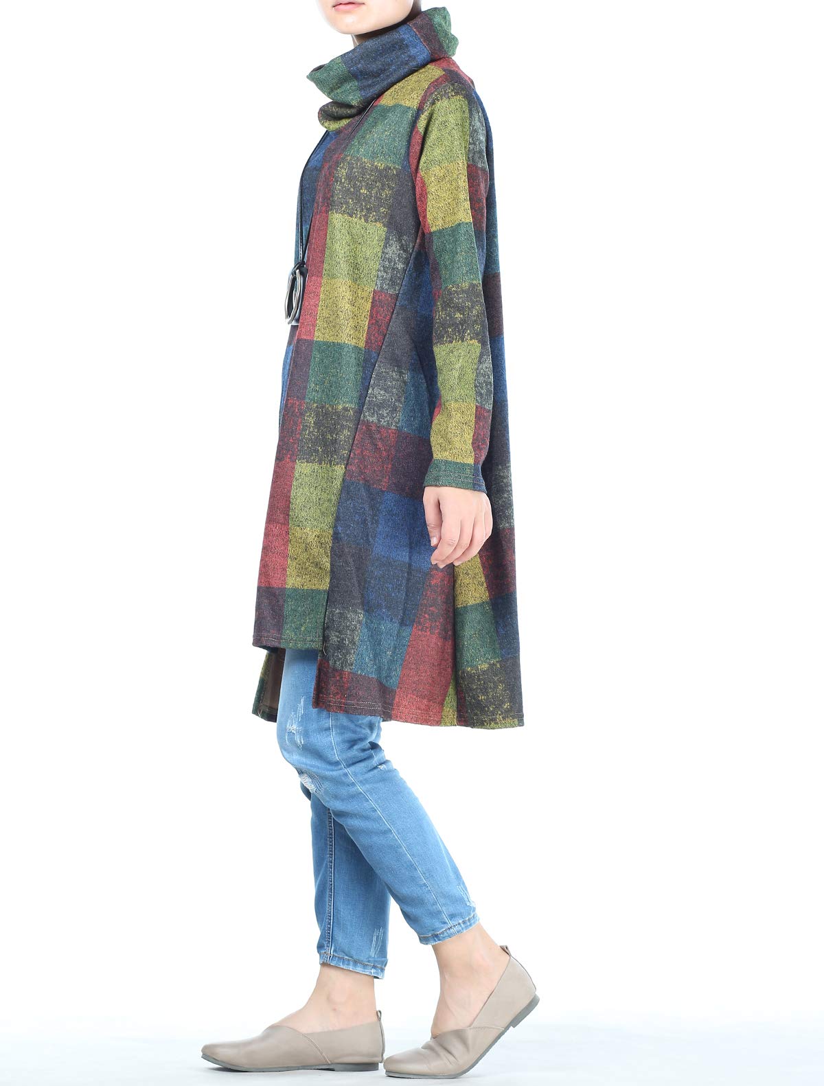 FTCayanz Donna Maglione Vestito Collo Alto Manica Lunga Plaid Pullover Top
