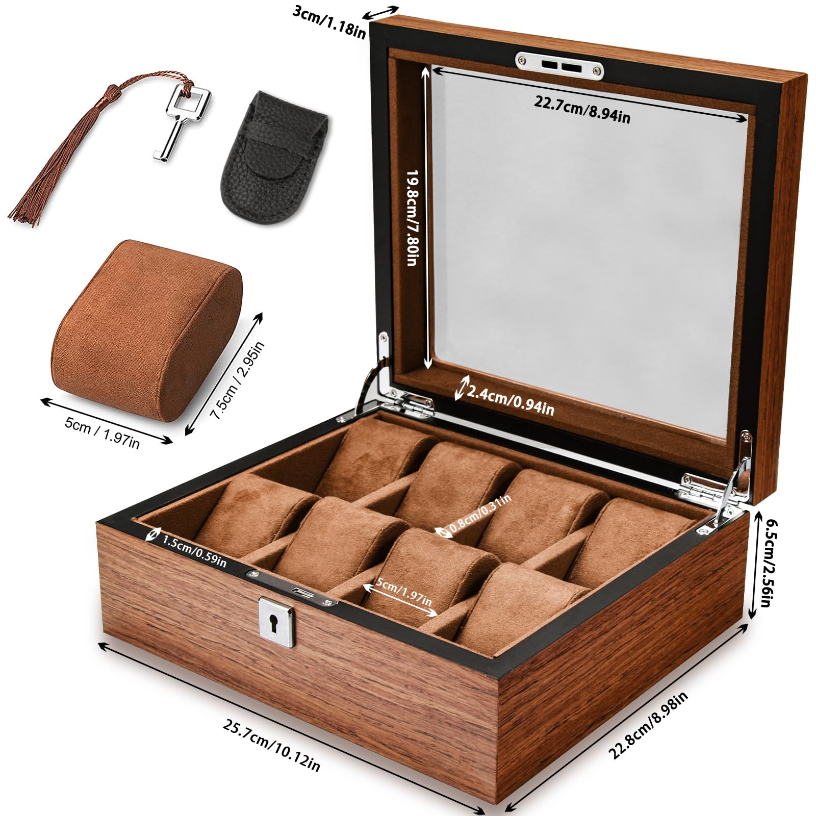 Scatola per orologi da 8 orologi, con coperchio in vetro, custodia per orologi di alta qualità, organizer per orologi da uomo e ragazza