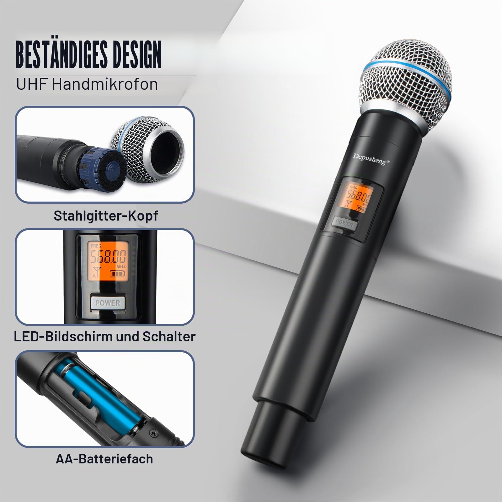 Depusheng Professionelles Drahtloses Mikrofonsystem, 60m Reichweite, Dynamisches Funkmikrofon für DJ, Kirche, Karaoke, KTV