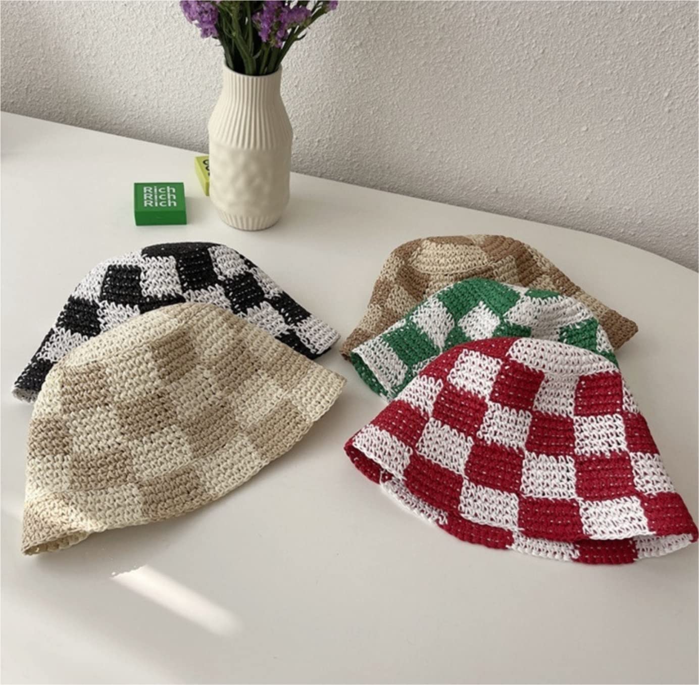 MRKU Chapeau de Plage d'été pour Femme, crocheté à la Main, à Bords Courts, Style pêcheur, en Paille ajourée.
