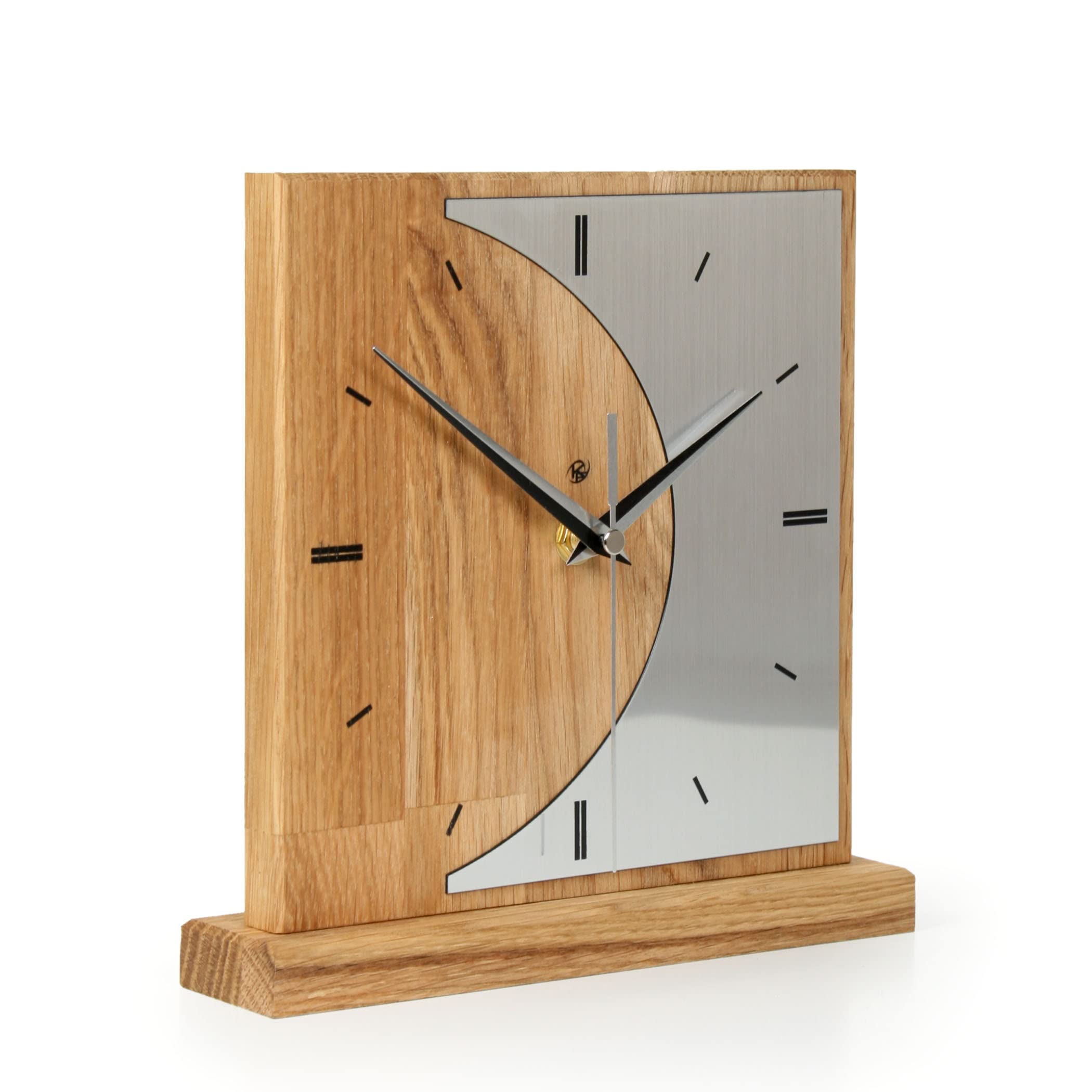 Kreative Feder Designer-STANDUHR „Silvermoon“ aus Eichenholz – analoge TISCHUHR ohne Tickgeräusche (leises Funkuhrwerk, Eiche)