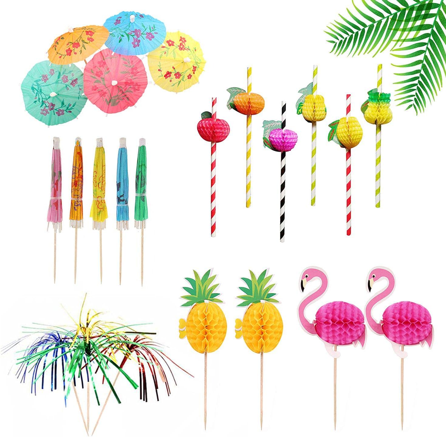 125 Piece Cocktail Party Decoration Drinks Accessory Pack with Umbrellas, Sparkle Fireworks, Biodegradable Straws for Drinks Wedding Party Food Drink Decorations Cocktail Accessories,Mixed Color