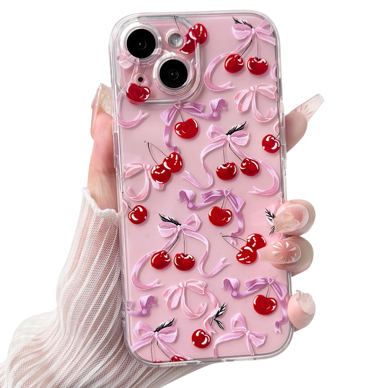 Lovmooful Compatible for iPhone 15 Case Aesthetic Clear Cute Ribbon Bowknot Cherry Design for Girls Women Soft TPU Shockproof Protective Girly for