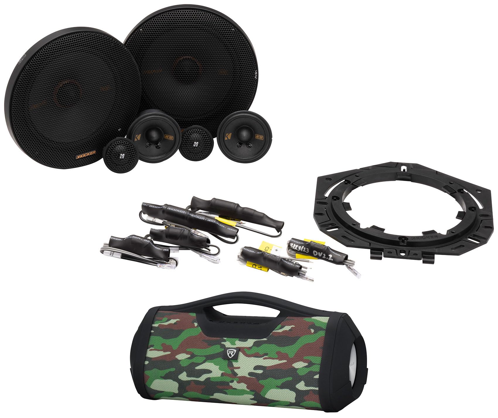 Audiosavings Bundle: (2) Kicker 51KSS365 3-Way Car Audio Component Speakers Bundle with (1) Rockville RPB-XL Portable Camo Bluetooth Speaker Boombox USB/Powerbank/SD/Aux (Items 3)