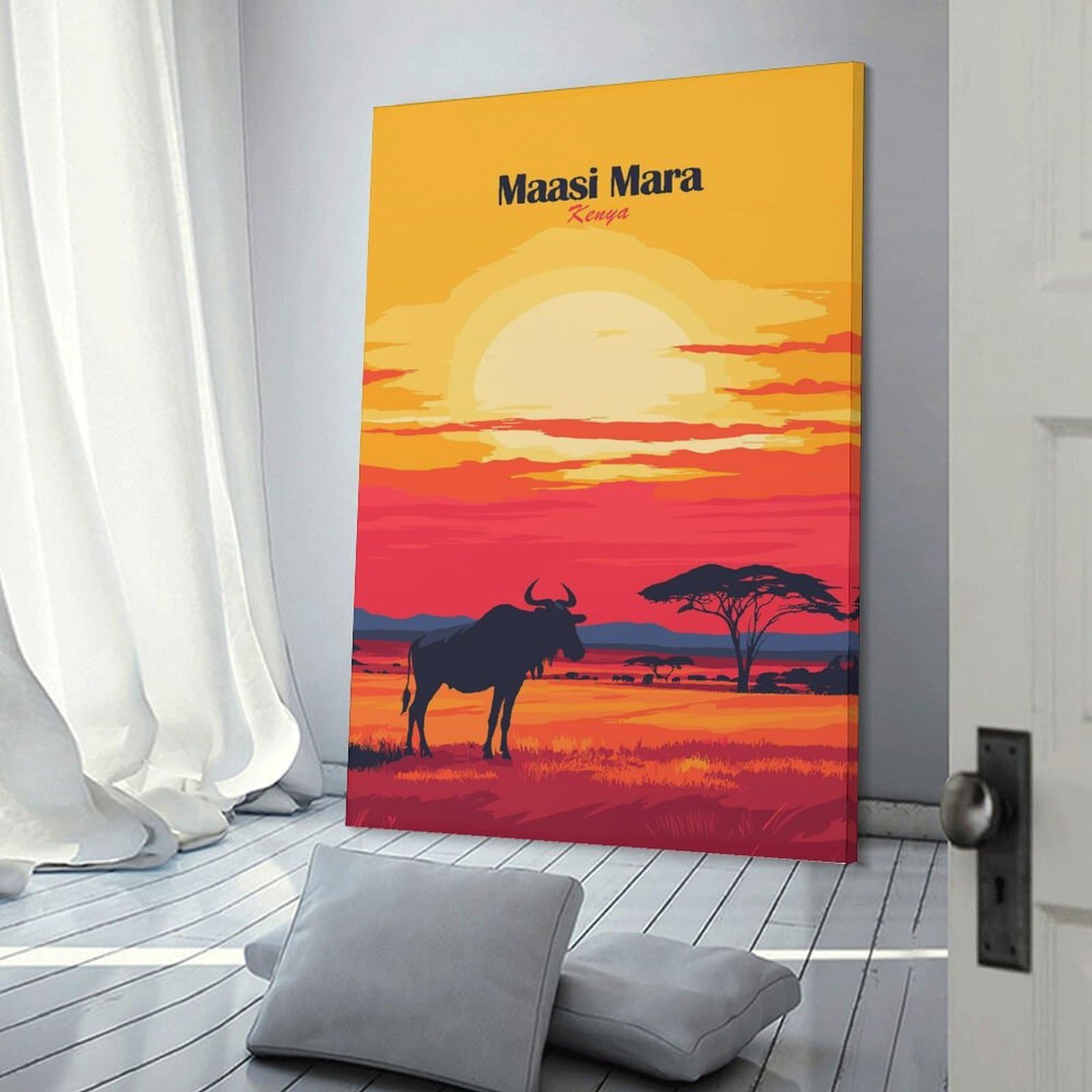 Junmoney Frame-Style-9 Maasai Mara Sunset Decorative Wall Artwork, 20X30inch(50X75cm), For Work Areas, Reading Rooms Or Studios, Wall Art That Adds Style To Work Areas