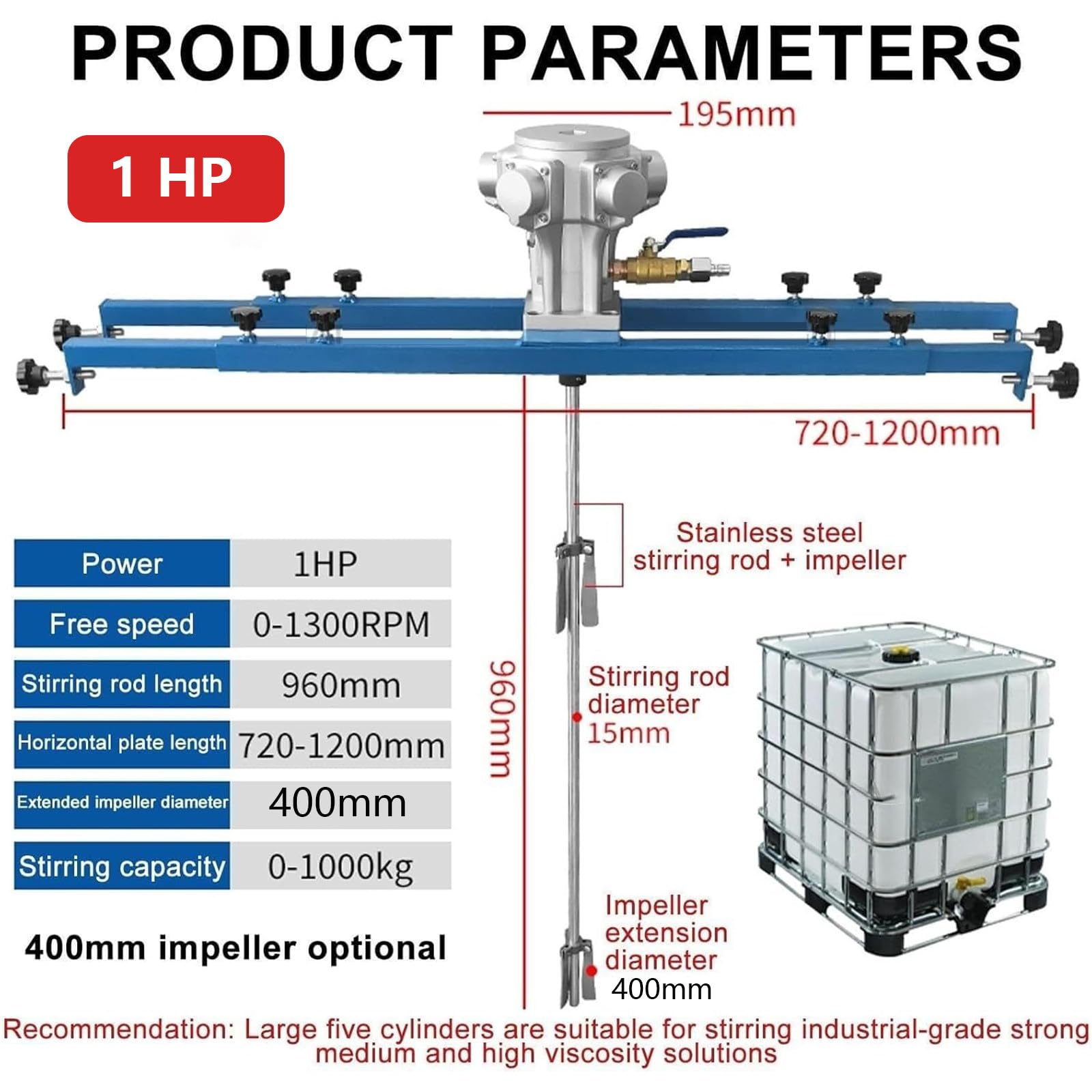 Mezclador de pintura neumático, agitador de tanque de 265 galones con hélice plegable de 400 mm, disolvente de tinta para la industria química, agitador neumático de 3/4 HP