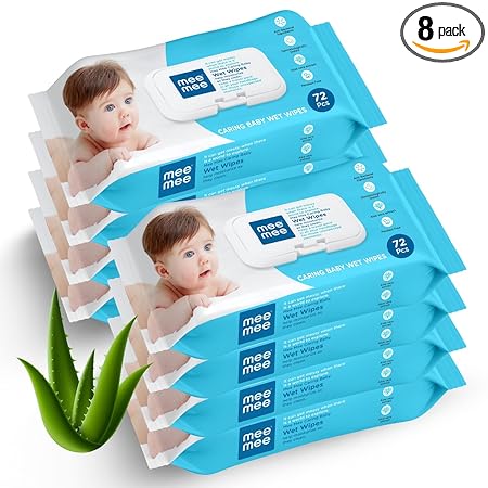 Mee Mee Wet Wipes for Baby Skin with Aloe Vera Paraben Free, Fragrance Free, pH Balanced, Hypoallergenic free, Baby Wipes Combo, 72 Wipes/Pack With Lid (Pack of 8)