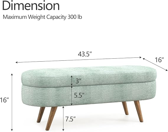 43.5 Fabric Storage Ottoman Bench for Bedroom,Upholstered Boucle Ottoman with Safety Hinge,End of Bed Bench with Rubber Wood Legs for Living Room Entryway,Cyan