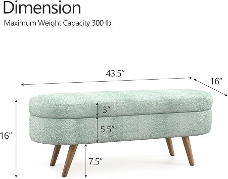 43.5 Fabric Storage Ottoman Bench for Bedroom,Upholstered Boucle Ottoman with Safety Hinge,End of Bed Bench with Rubber Wood Legs for Living Room Entryway,Cyan