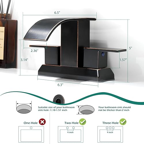 Miniatura 3 de Hoimpro Grifo de baño de 3 agujeros de 4 pulgadas, grifo de baño de bronce aceitado en cascada, dos asas, juego central, grifo de lavabo de baño,