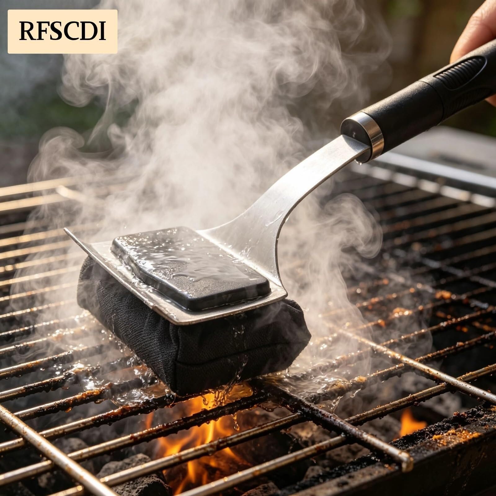 Spazzola per griglia per esterni, senza setole, raschietto rinforzato, testa sostituibile, accessori sicuri per la pulizia del barbecue (nero)