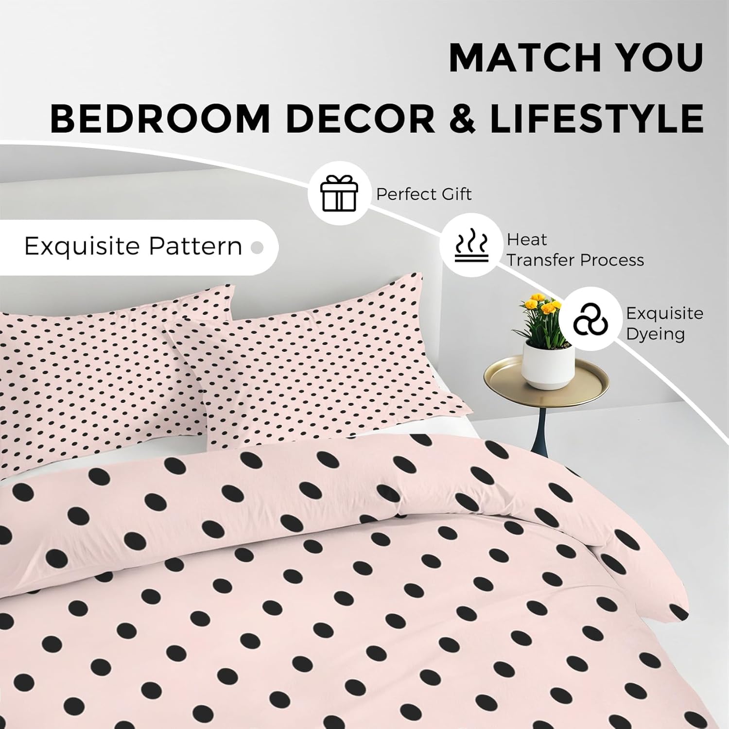 Pink Polka Dot Duvet Cover Full Size, Princess Girly Girls Bedding Set 3 pcs with 2 Pillow Covers, Polka Dots Bedroom Decor, Soft Microfiber Reversible, Zipper & Ties KJJT 58